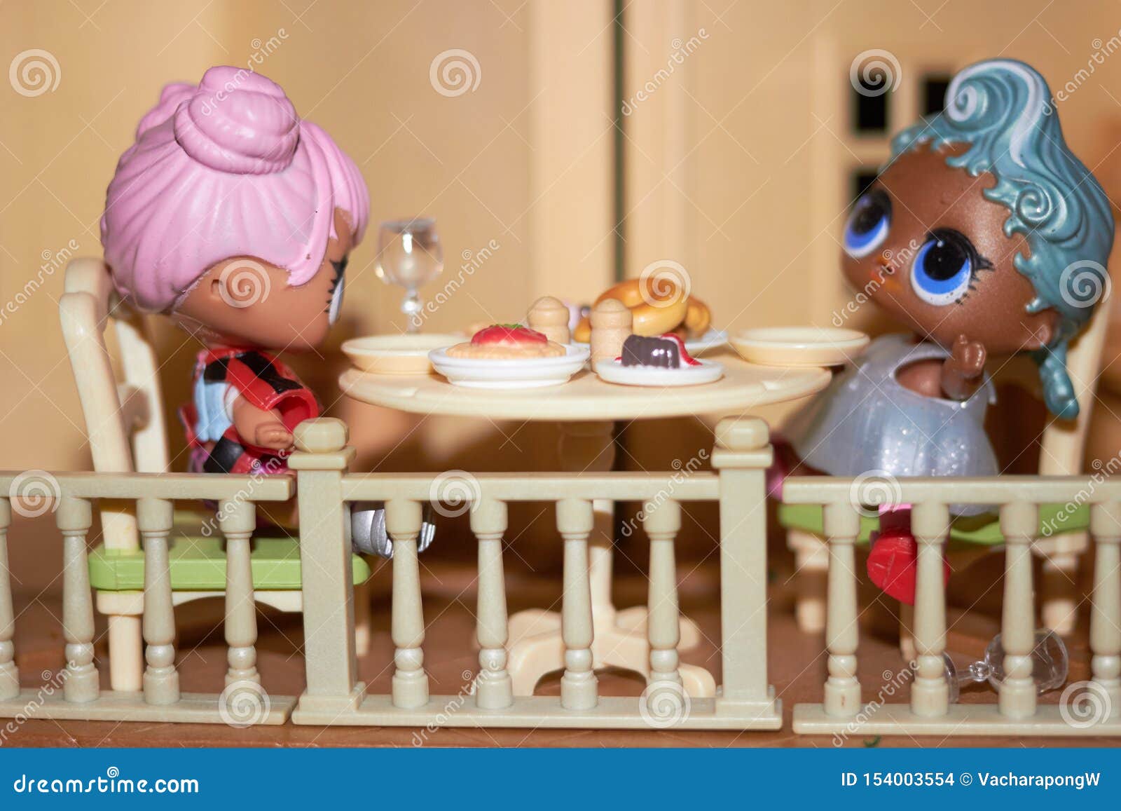 Dolls at Tables for Meal at Doll House Editorial Stock Image Image of