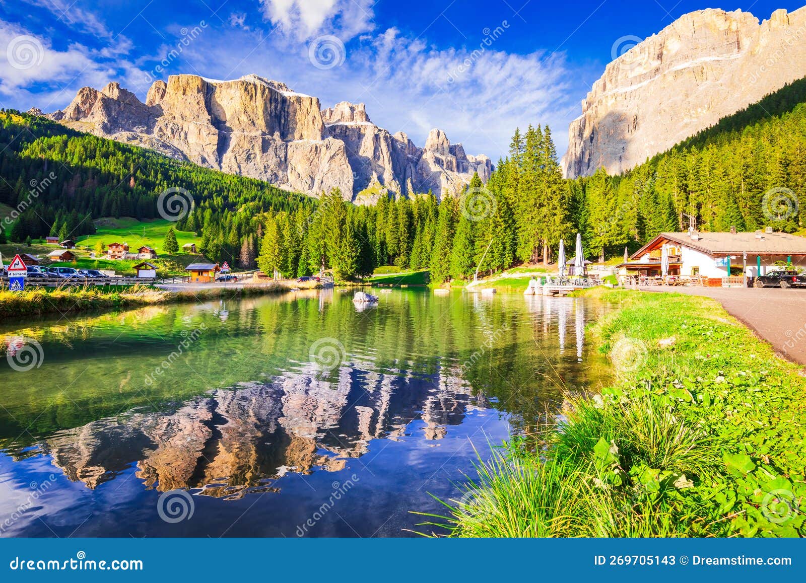 dolomites, italy. laghetto lupo bianco and sella ronda mountain ridge