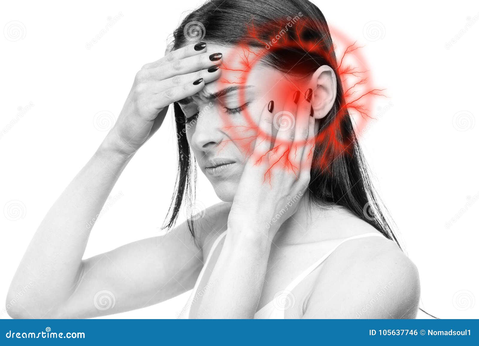 Dolor De Cabeza, Mujer Enferma Con Dolor Del Templo Foto de archivo Imagen de humano, templo