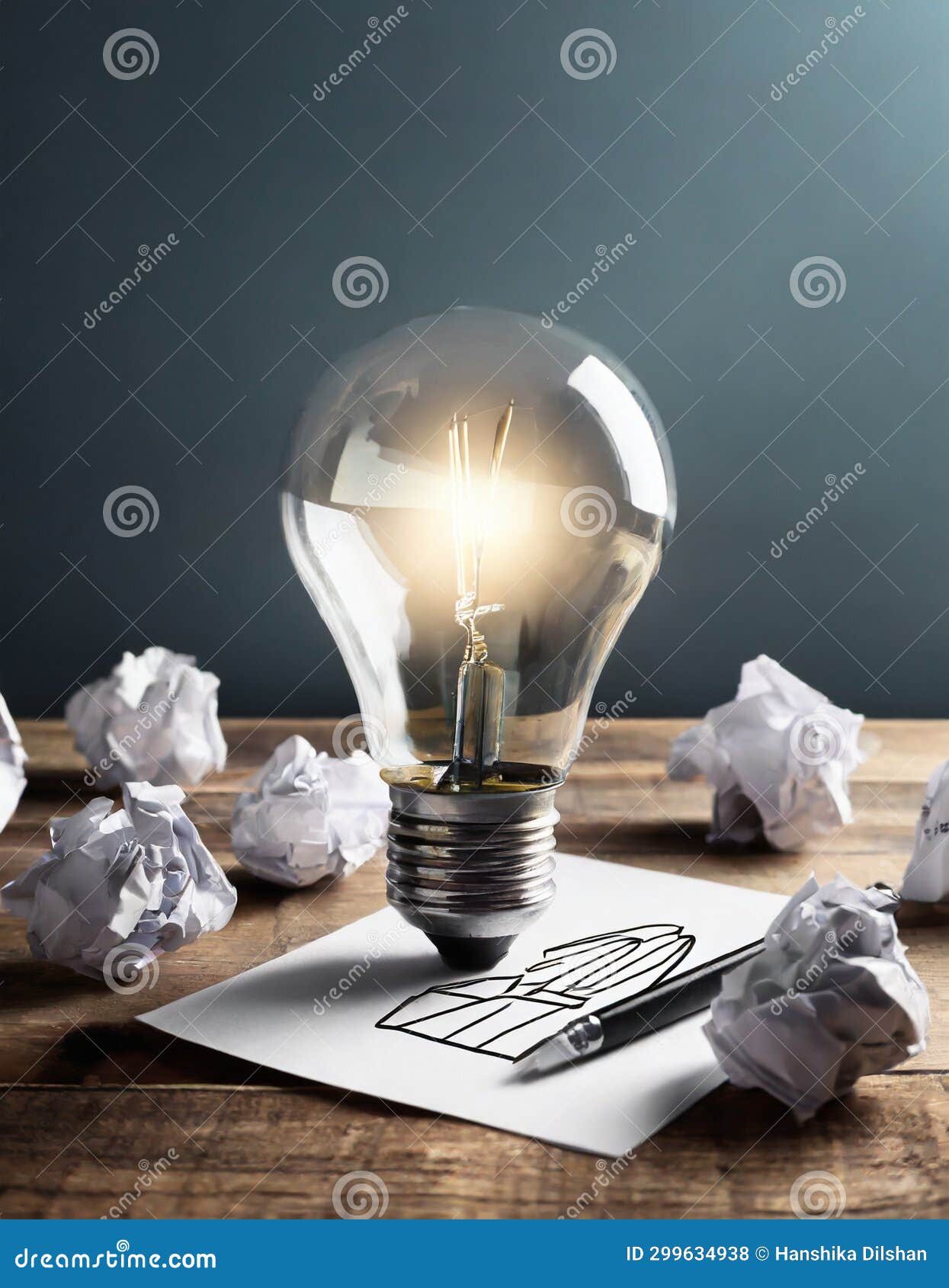 dolor note with a lightbulb and crumpled pieces of papers. ai generated