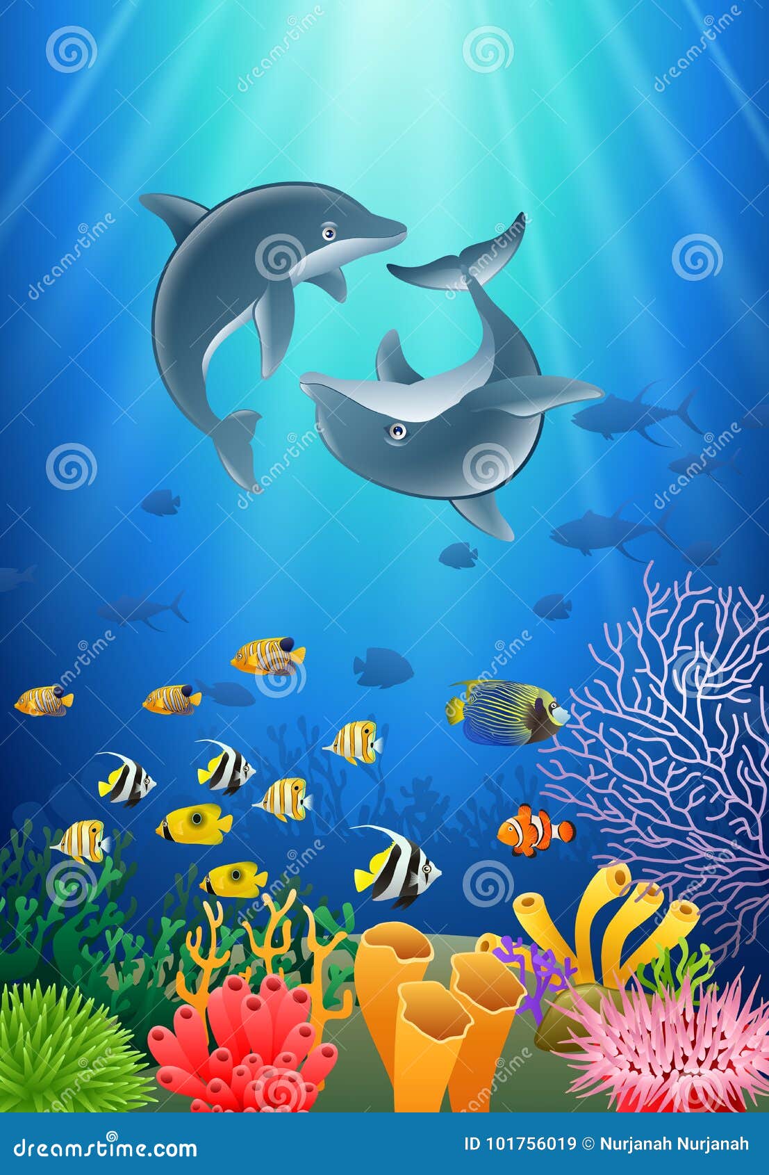 Dolphin Cartoon with Underwater View Stock Vector - Illustration of dolphins,  ecosystem: 101756019