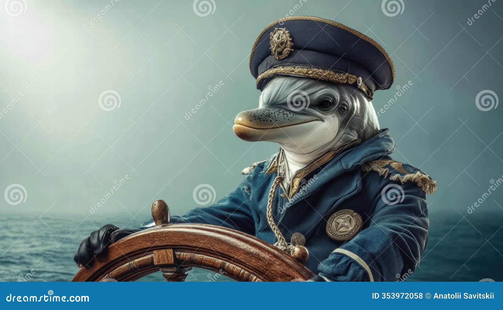 dolphin dressed as a ship captain steering a ships wheel in a vast ocean under a cloudy sky. generative ai