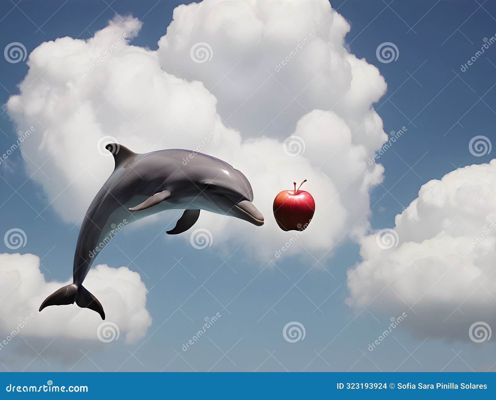 dolphin that has jumped out of the water and is chasing an apple in the sky with clouds