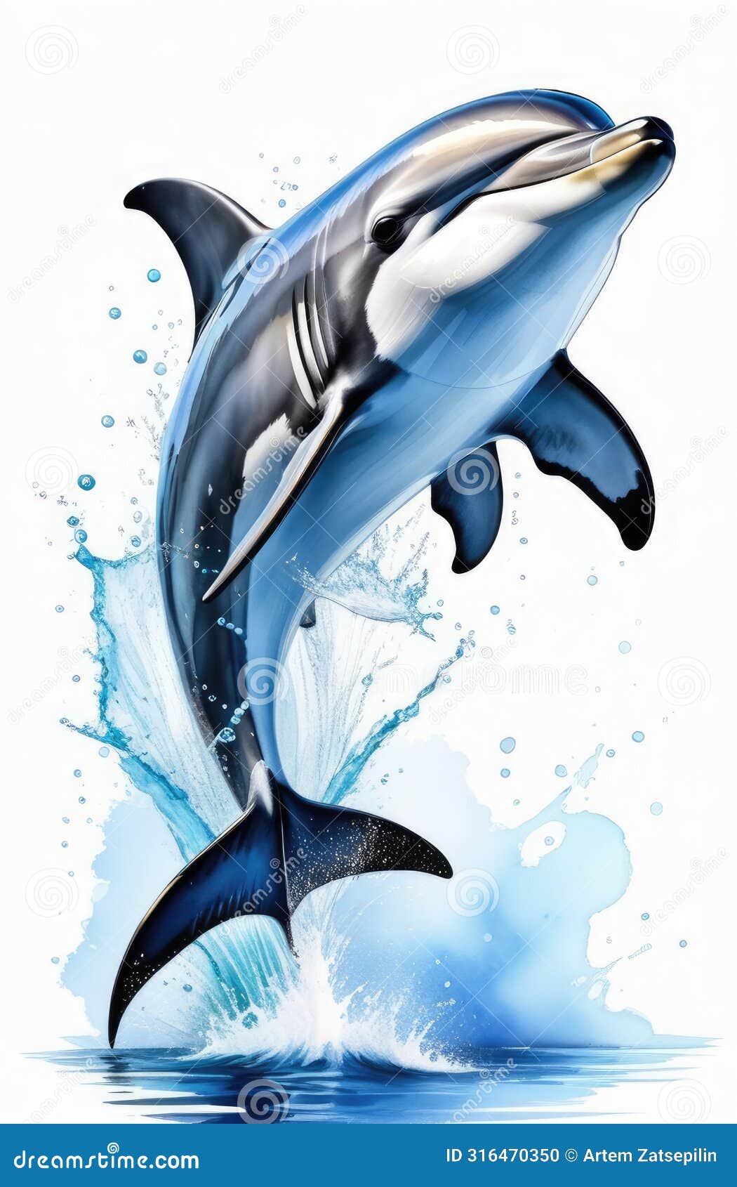 dolphin jumping with water splash  on white background, watercolor drawing. sea wild life