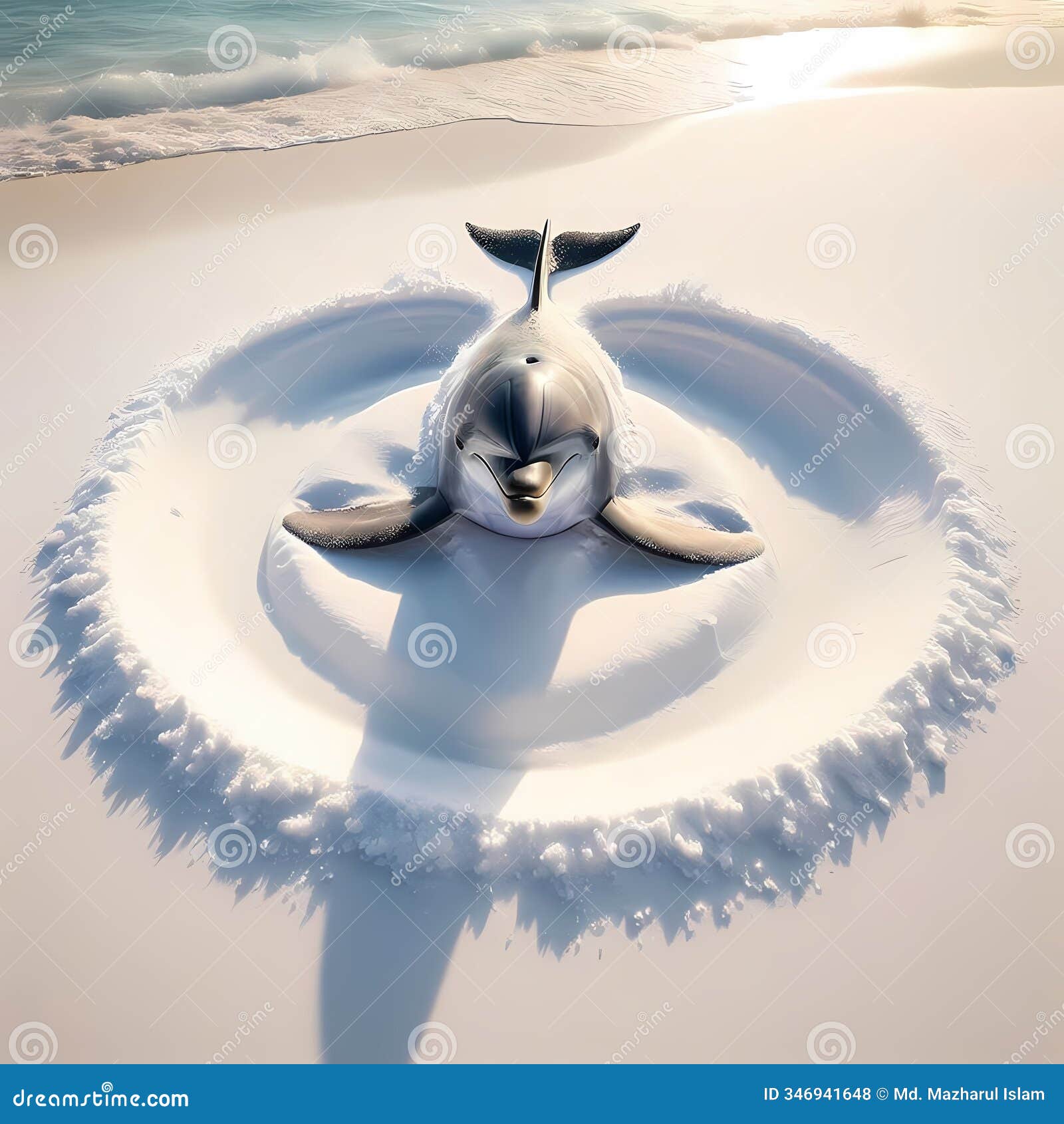 dolphin making a snow angel in soft white sand.