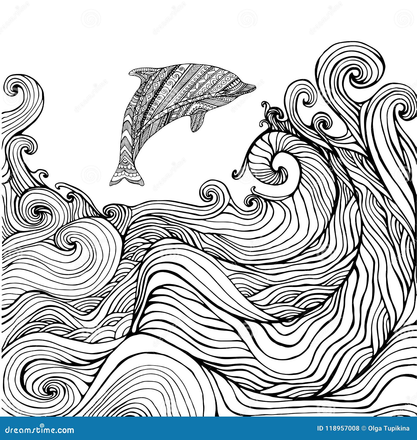 Dolphin And Ocean Waves Coloring Page For Children And 