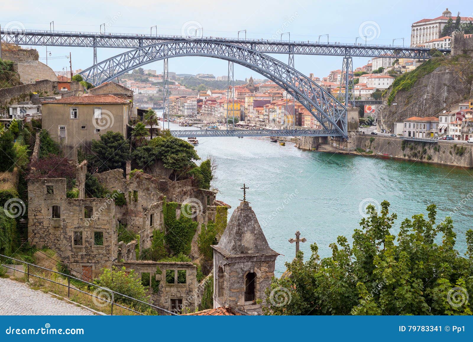 dom luis bridge and porto oporto downtown viewed from romantic church ruins