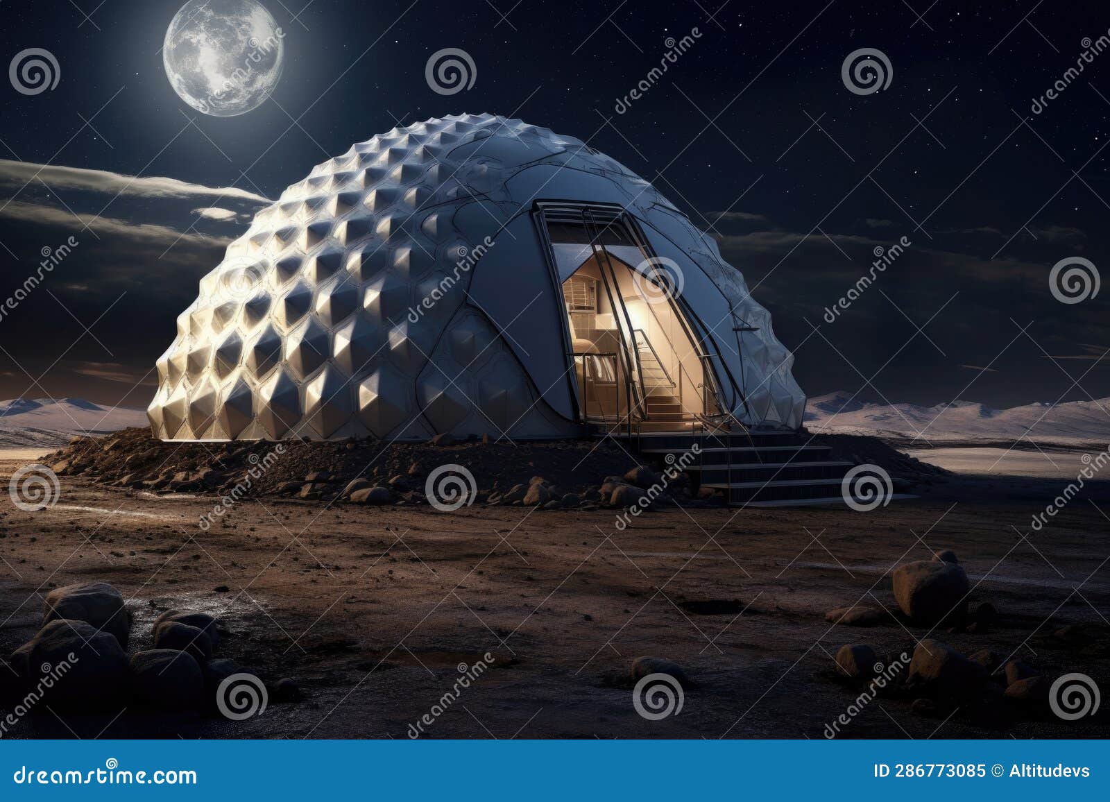 Domeshaped Shelter Protecting Equipment from Lunar Dust Stock Image