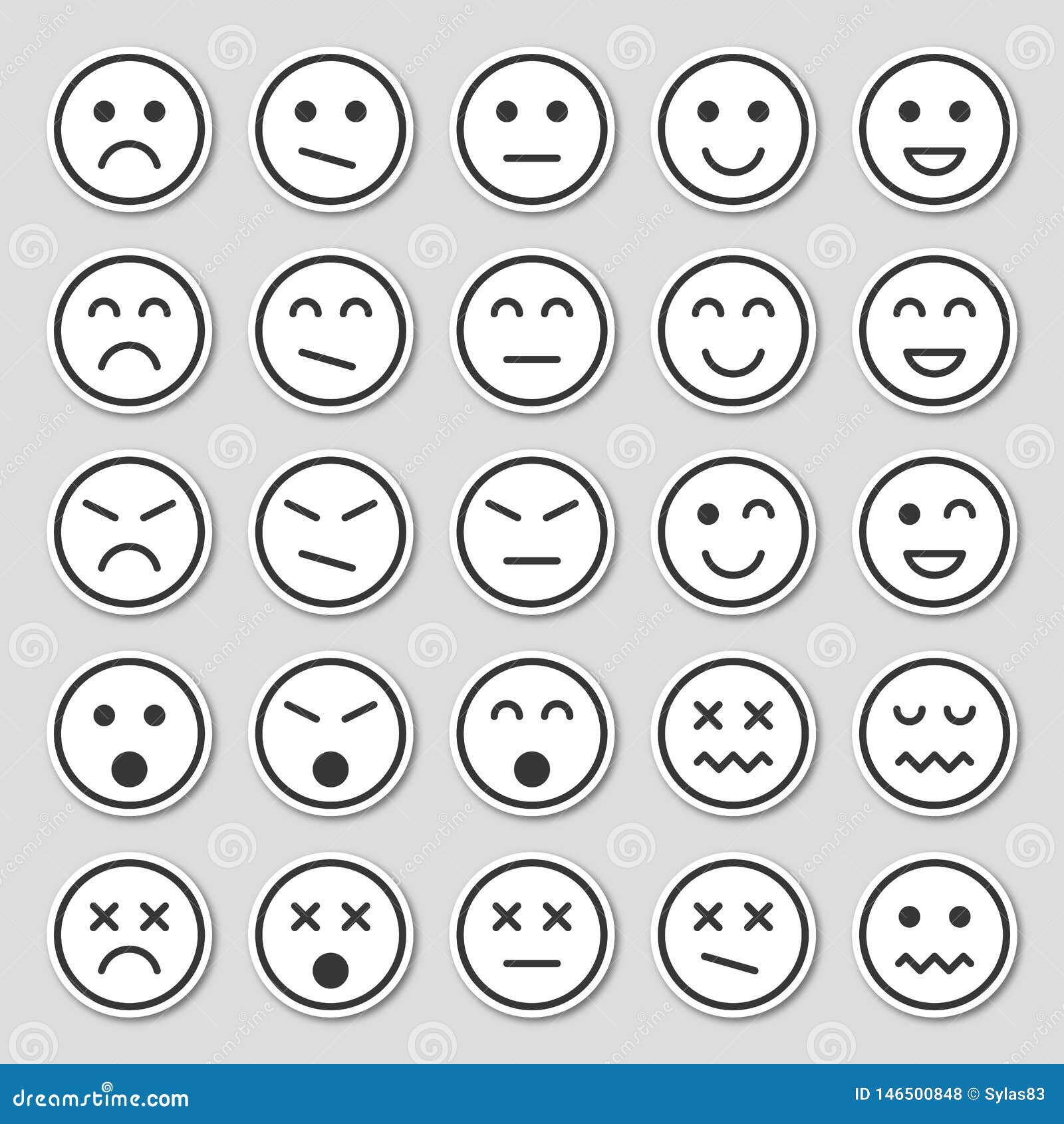 Simple Emotion Icons. Emotion Stickers in Flat Style Isolated on Gray