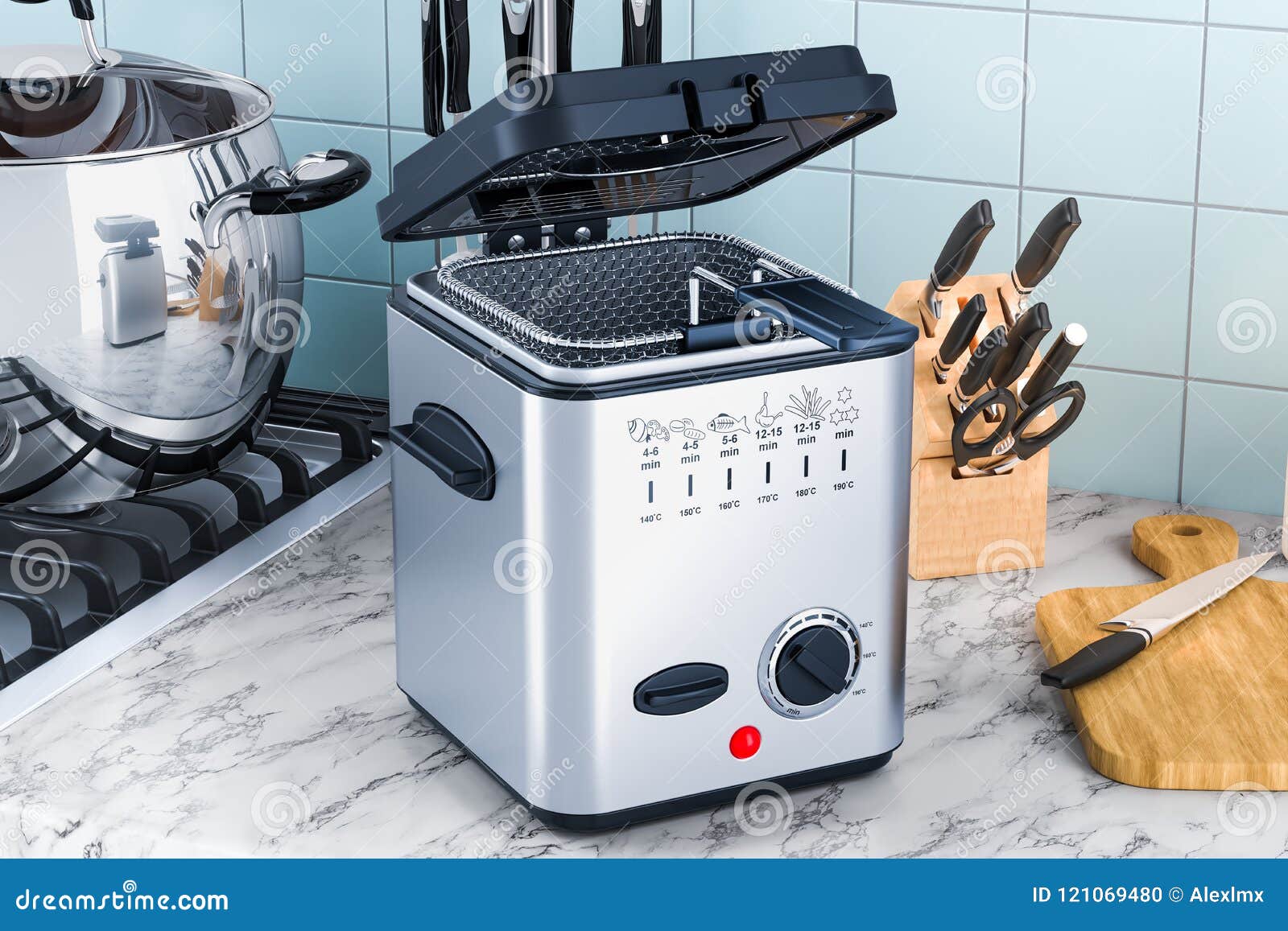 Domestic Deep Fryer on the Kitchen Table. 3D Rendering Stock