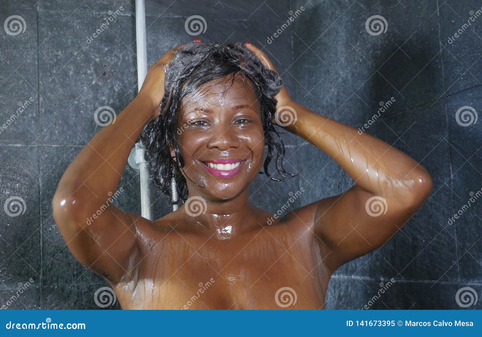 Beautiful Naked Young Woman Smiling While Taking Shower In 