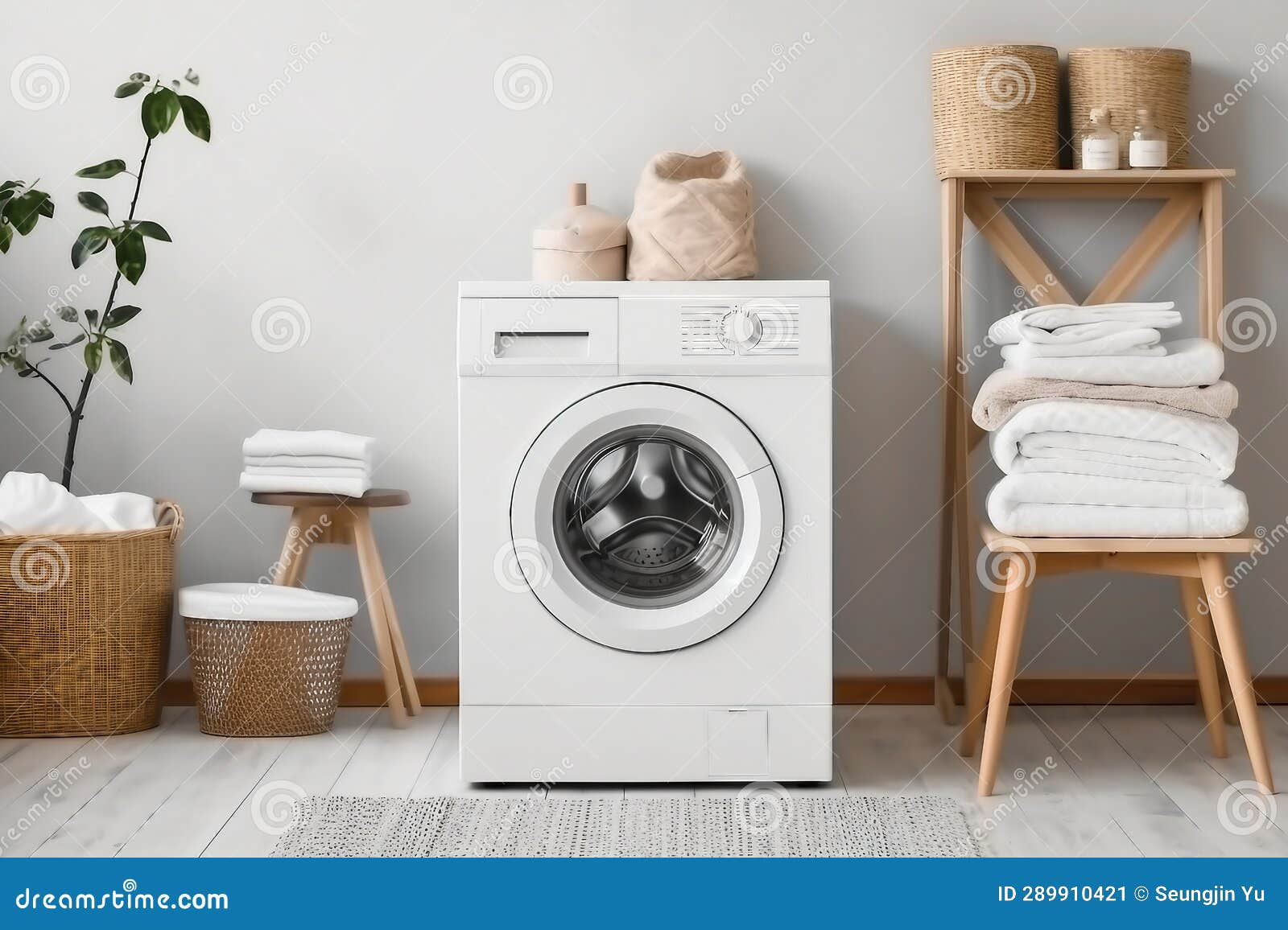 Domestic Room Interior with Modern Washing Machine and Laundry Baskets