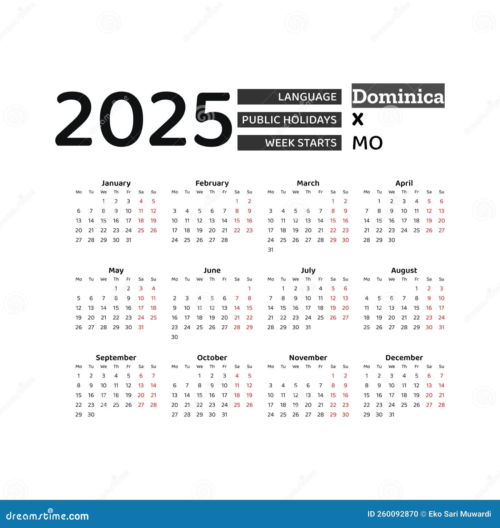Dominica Calendar 2025. Week Starts from Monday. Vector Graphic Design