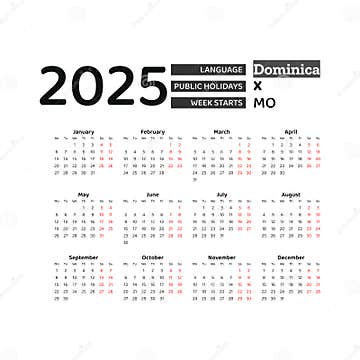 Dominica Calendar 2025. Week Starts from Monday. Vector Graphic Design