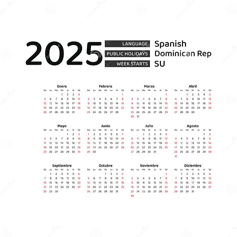 Dominican Republic Calendar 2025. Week Starts from Sunday. Vector