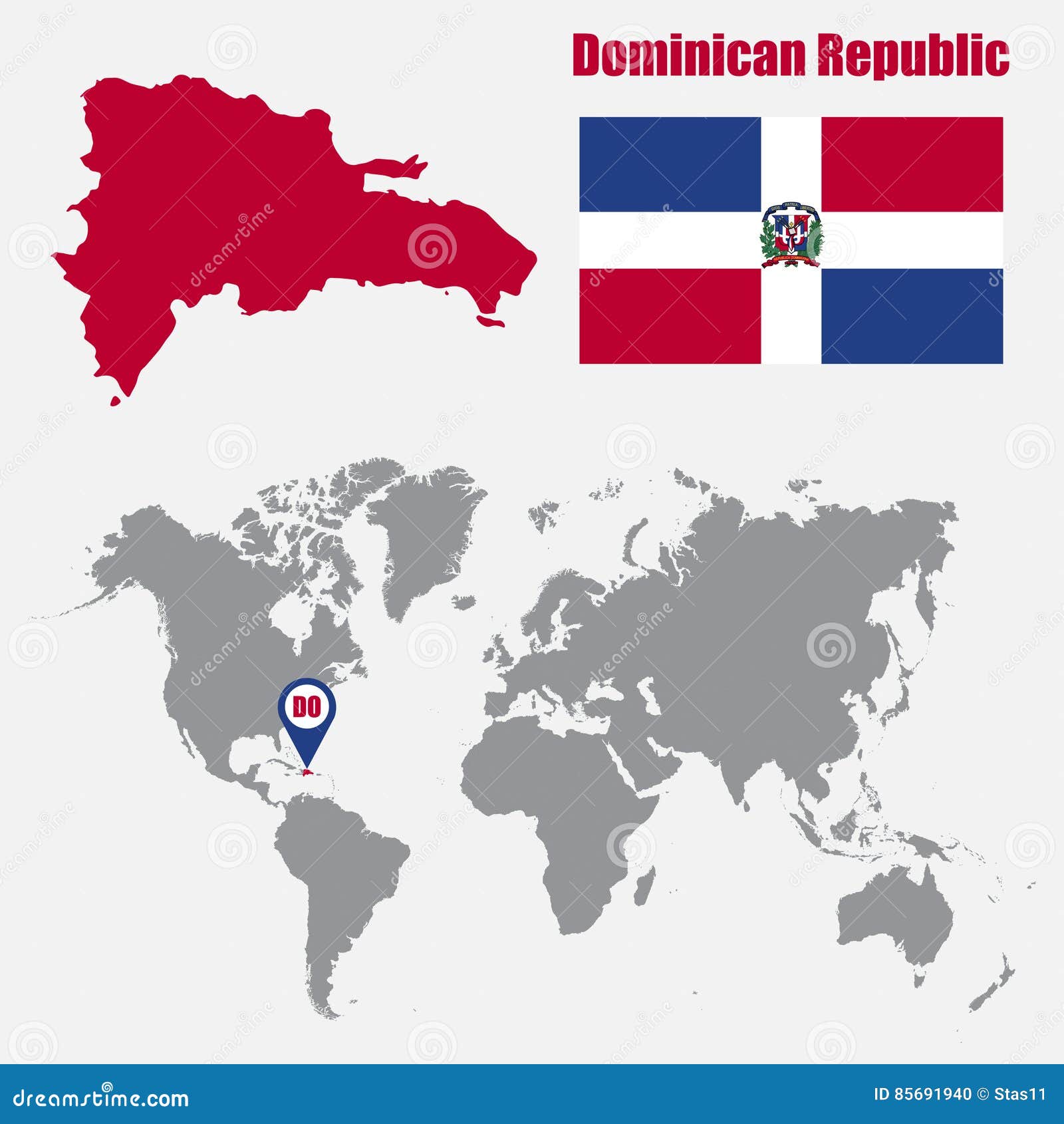 Dominican Republic Map on a World Map with Flag and Map Pointer. Vector