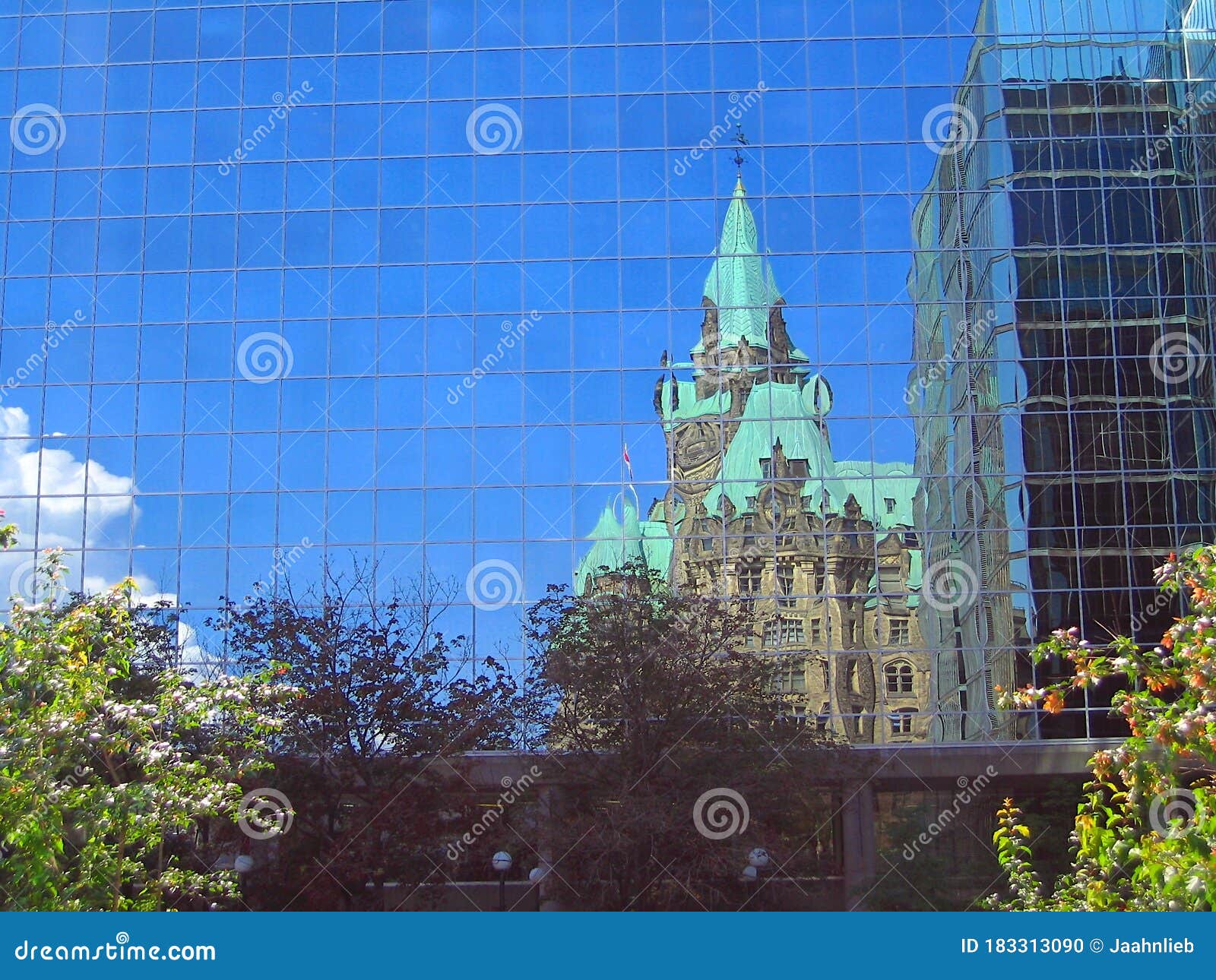 ottawa, ontario, dominion building reflected in glass fascade of bank of canada building