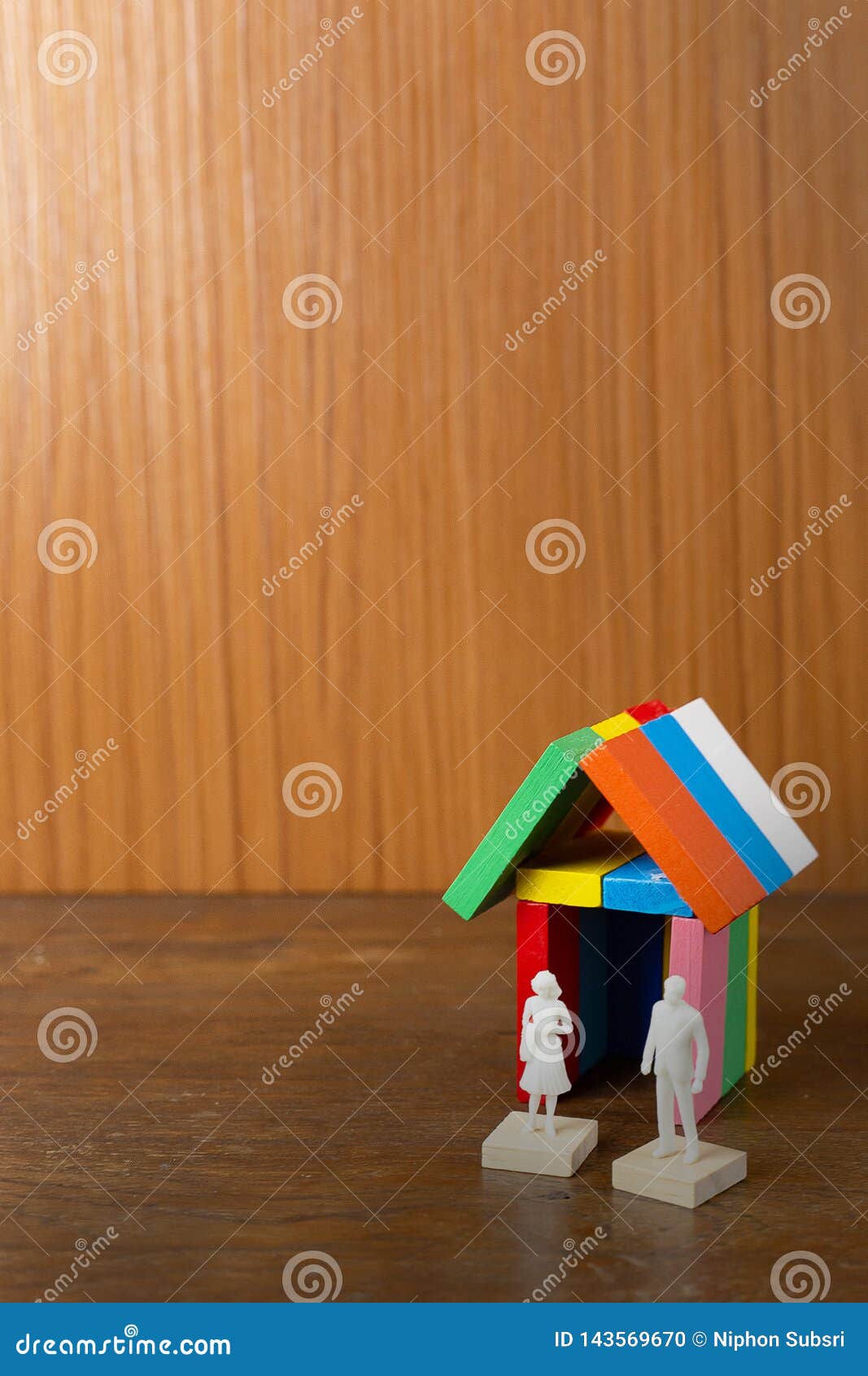 The Domino Multi Color Build Home On Wood Table Image Stock Photo