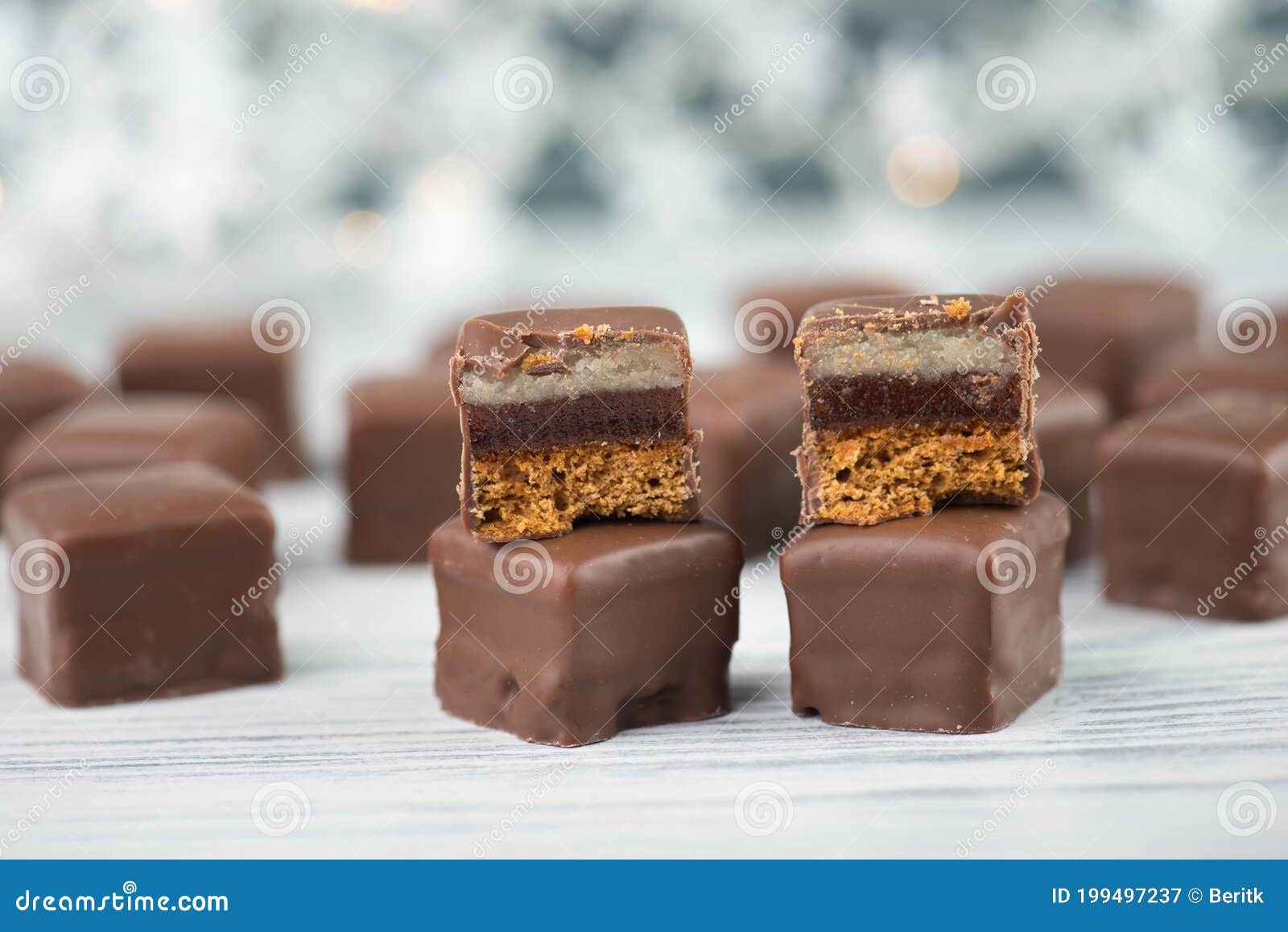 domino stones, a german traditional christmas sweet with gingerbread, marzipan and jelly covered with brown chocolate, dominostein