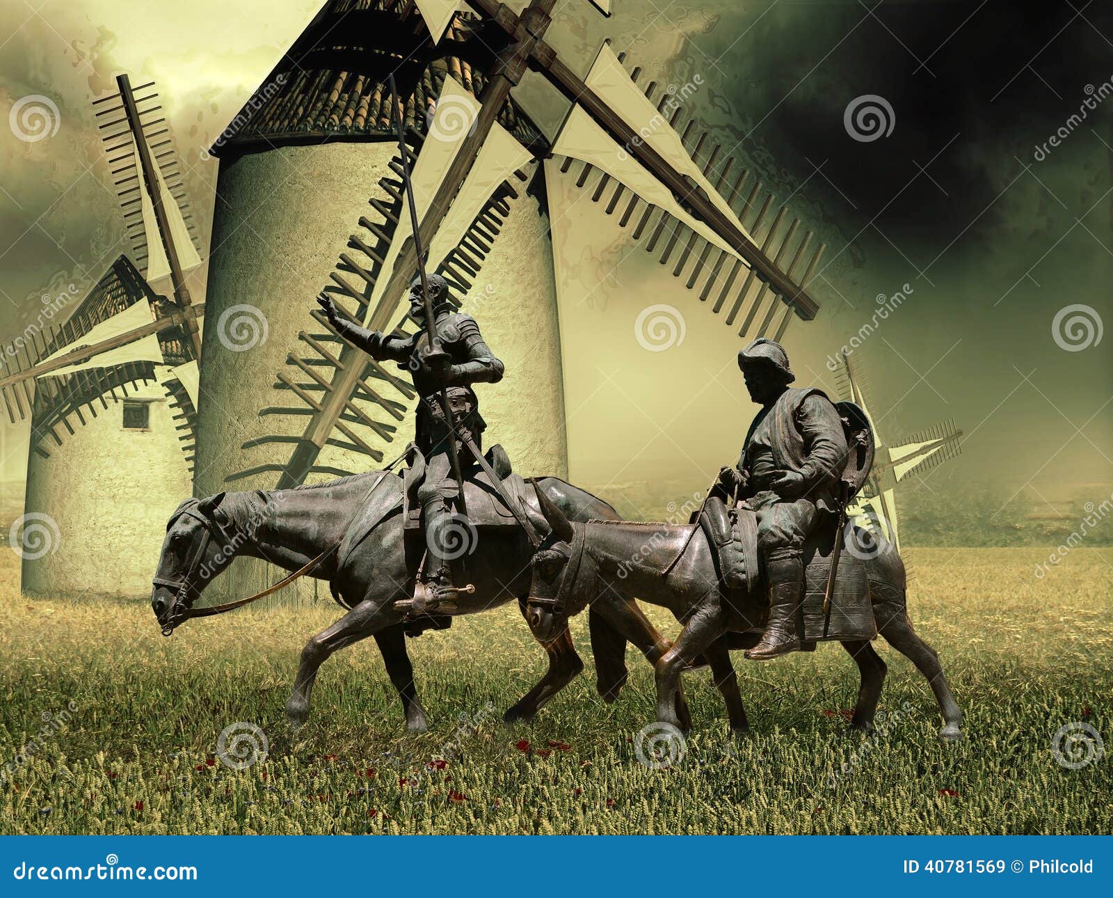 Don Quixote, Sancho Panza And The Windmills Stock Photo | CartoonDealer ...