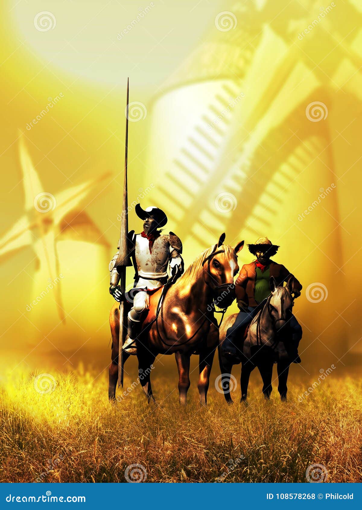 Don Quixote, Sancho Panza En De Windmolens Stock Illustratie ...