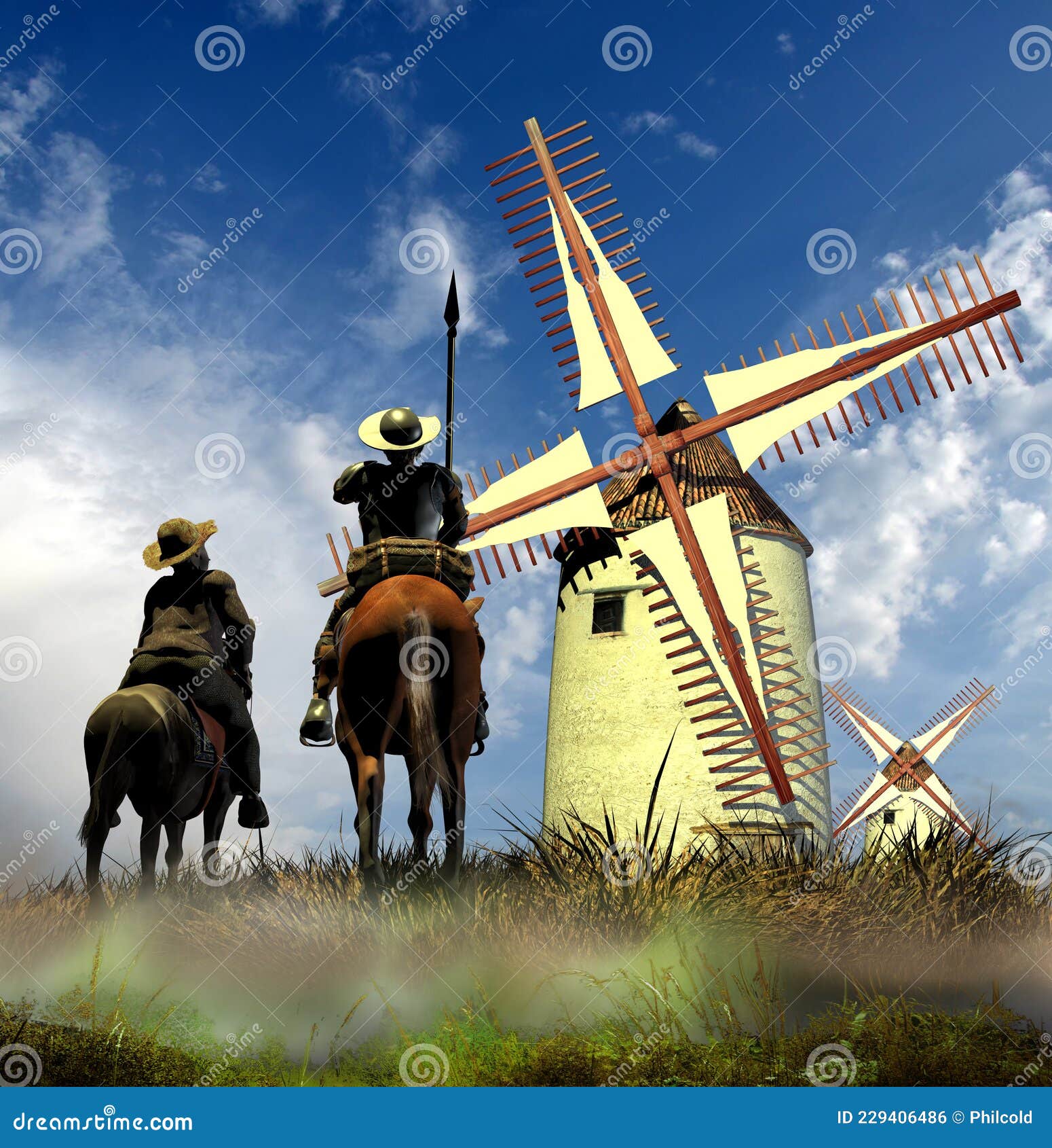 Don Quixote, Sancho Panza And The Windmills Stock Photo | CartoonDealer ...