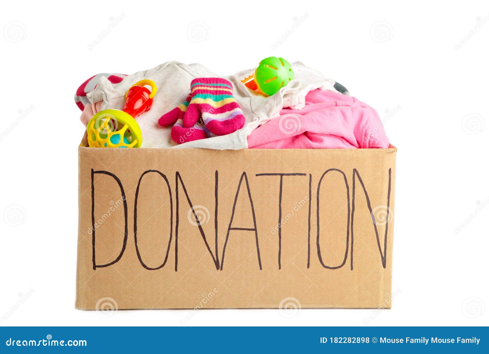 Donation Box with Baby Clothes Isolated on White Background Stock Photo
