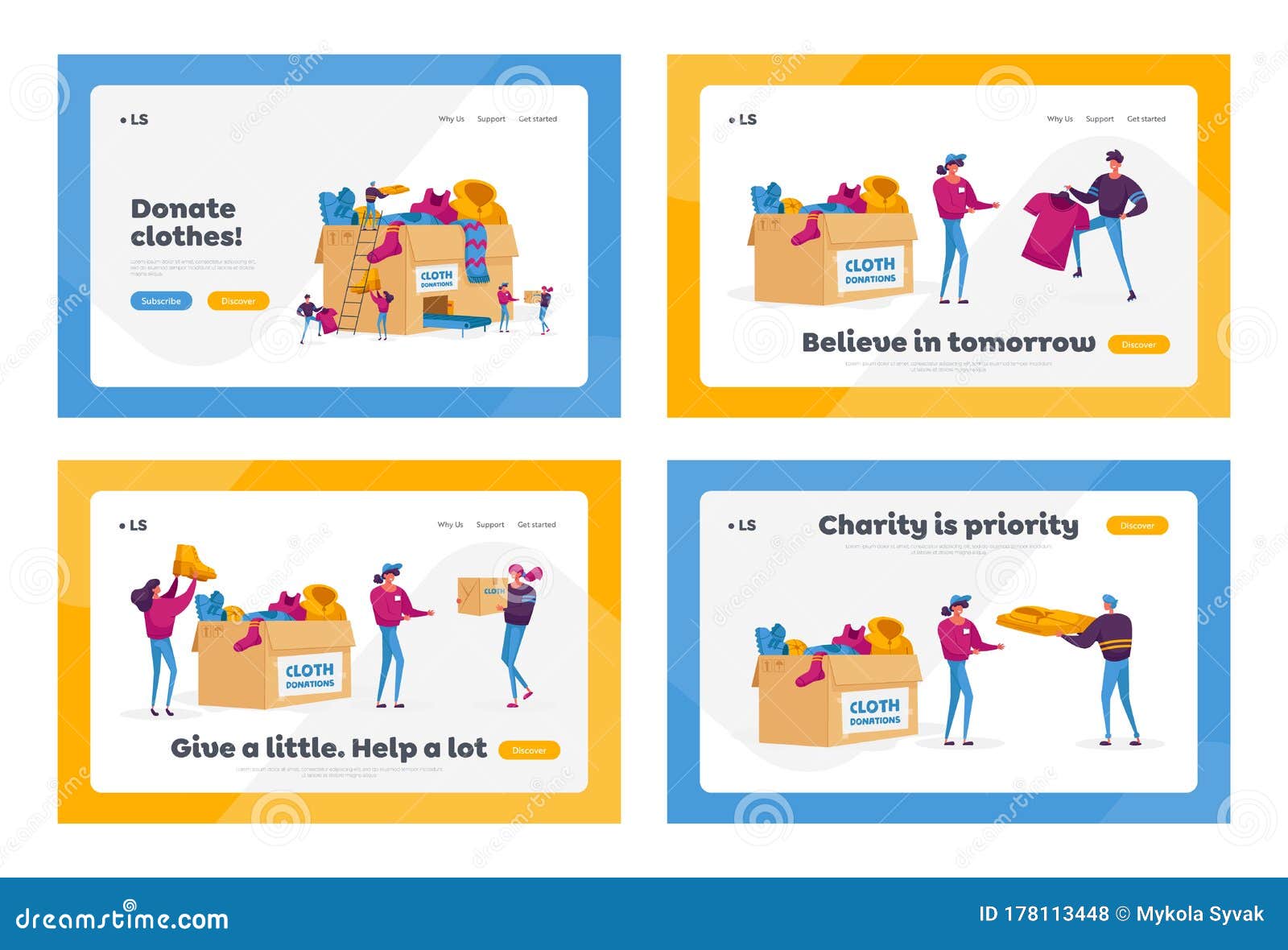 Donation and Charity Organization Landing Page Template Set . Tiny Volunteers Characters Bringing Clothes Stock Vector - Illustration of concept, handout: 178113448