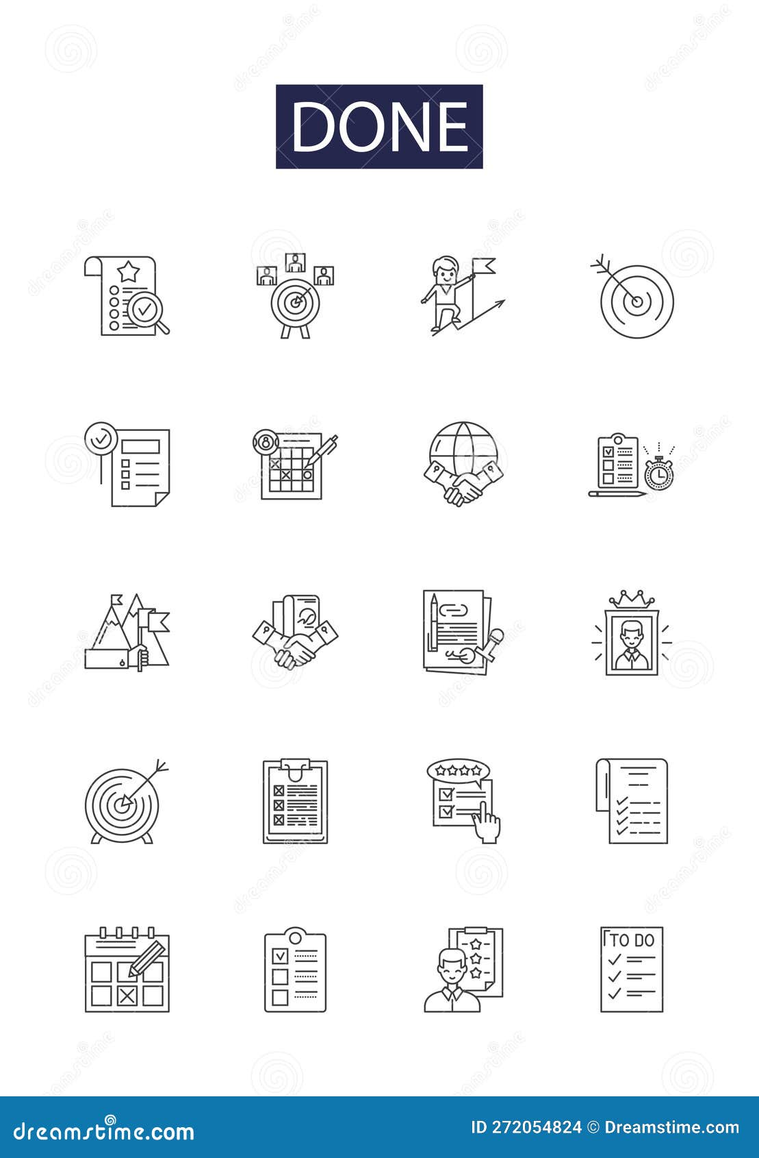 done line  icons and signs. fini, ended, over, executed, concluded, terminated, finished, realized outline 