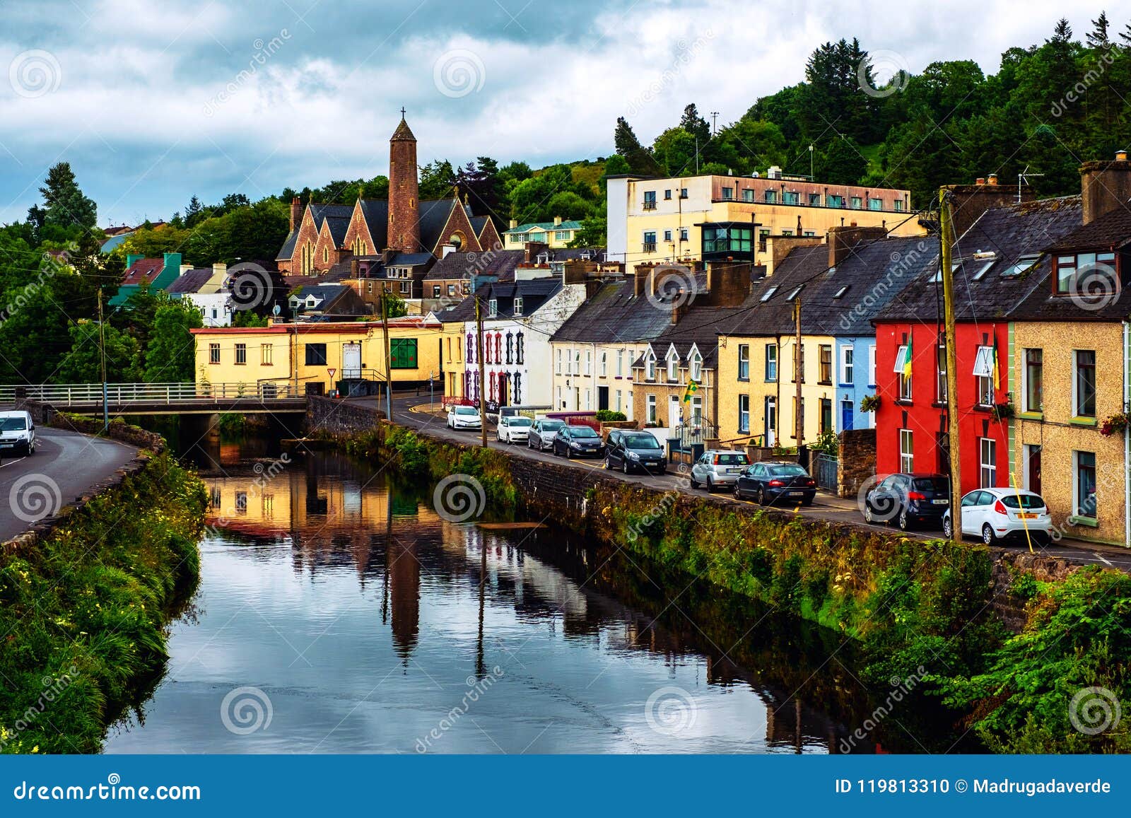 beautiful landscape in donegal, ireland with river and colorful houses