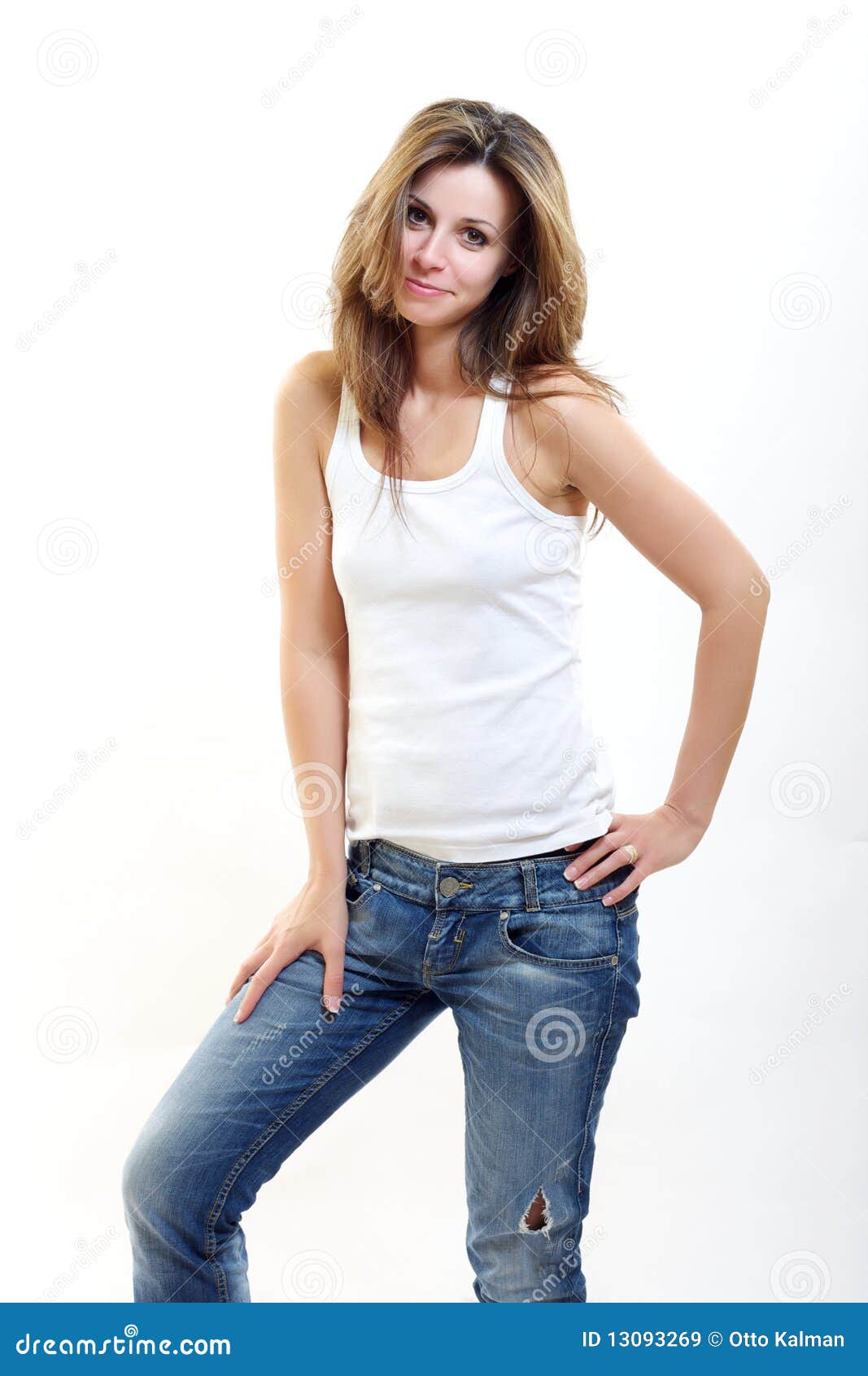 Donkerbruine Vrouw in Raunchy Jeans Stock Afbeelding - Image of ...