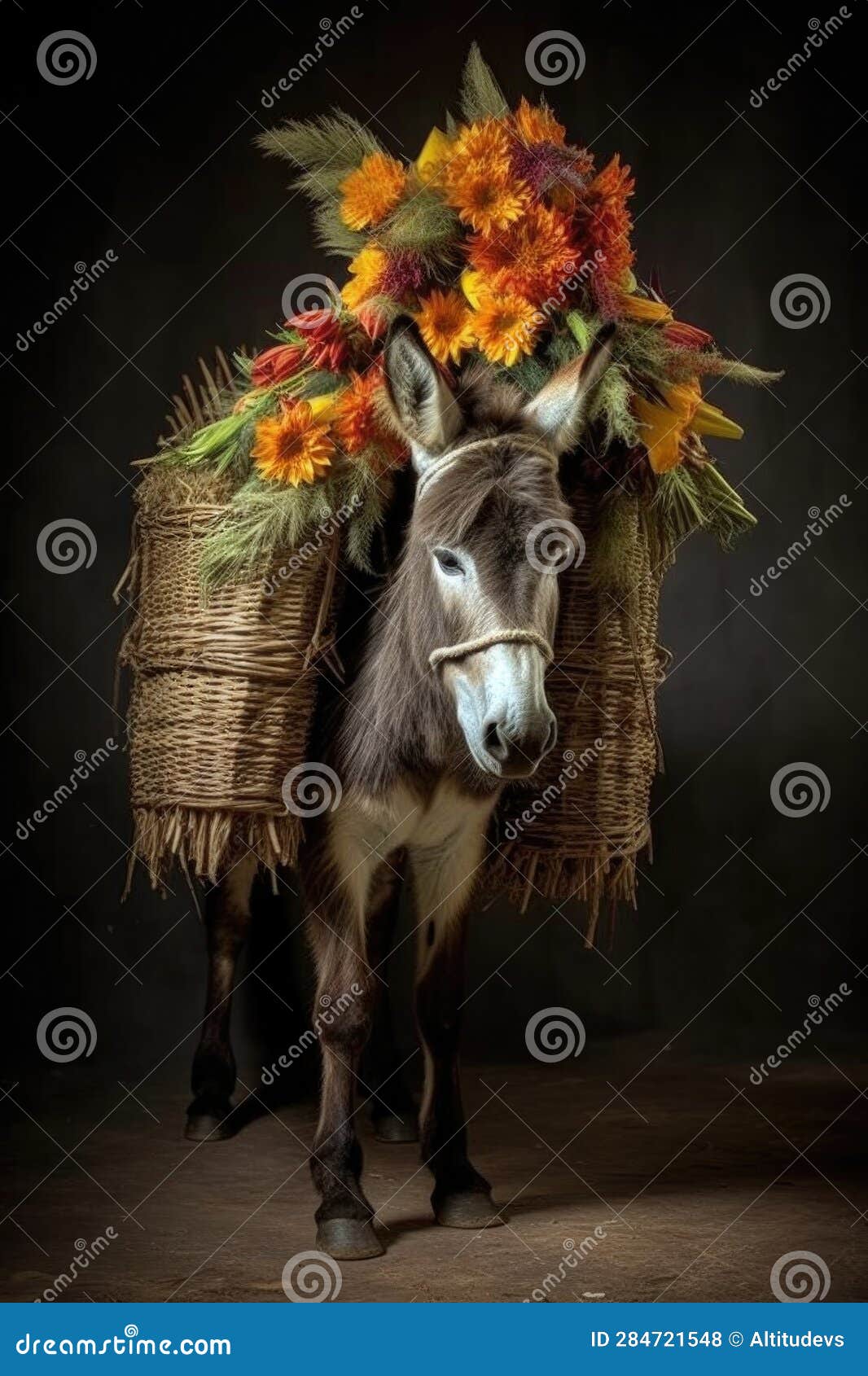 Donkey Carrying Baskets of Flowers Stock Illustration Illustration of