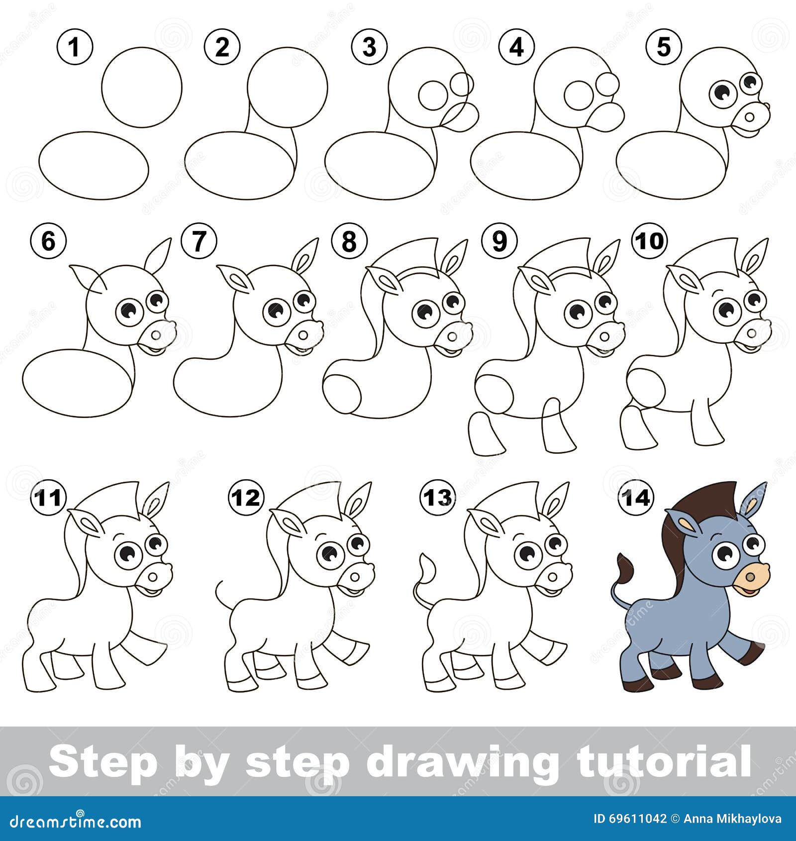 Donkey. Drawing tutorial. stock vector. Illustration of cute - 69611042