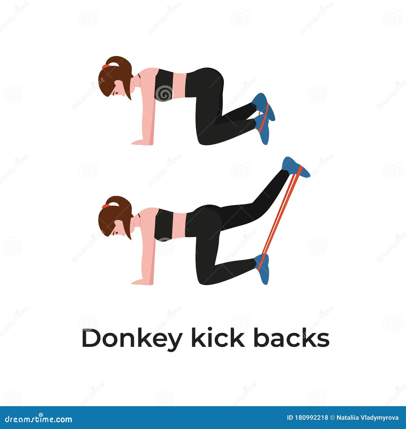Donkey Kick Backs, Booty Workout with Resistance Bands Stock Vector