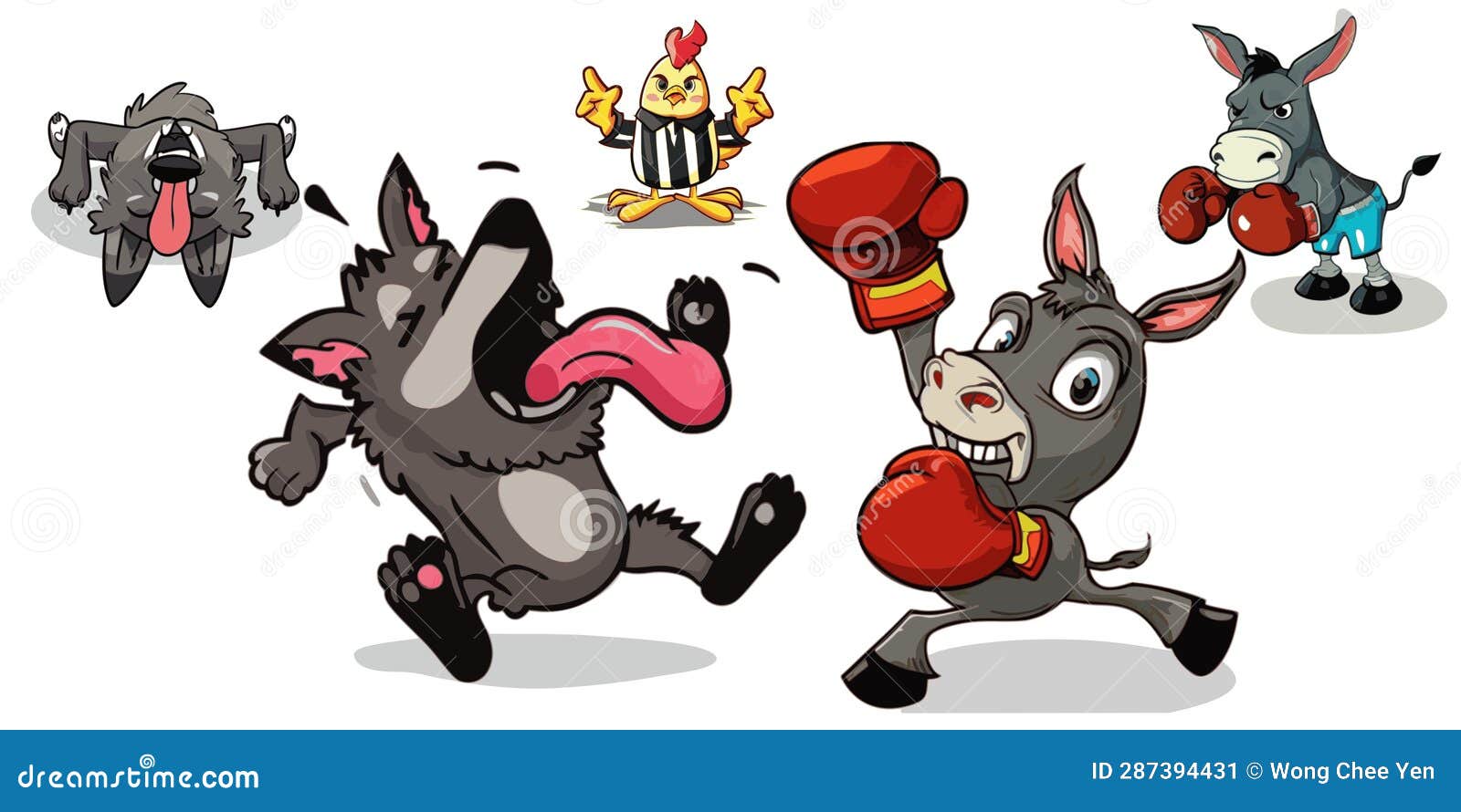 Donkeys Boxer Knockout Wolves Chicken Referee Vector Graphics