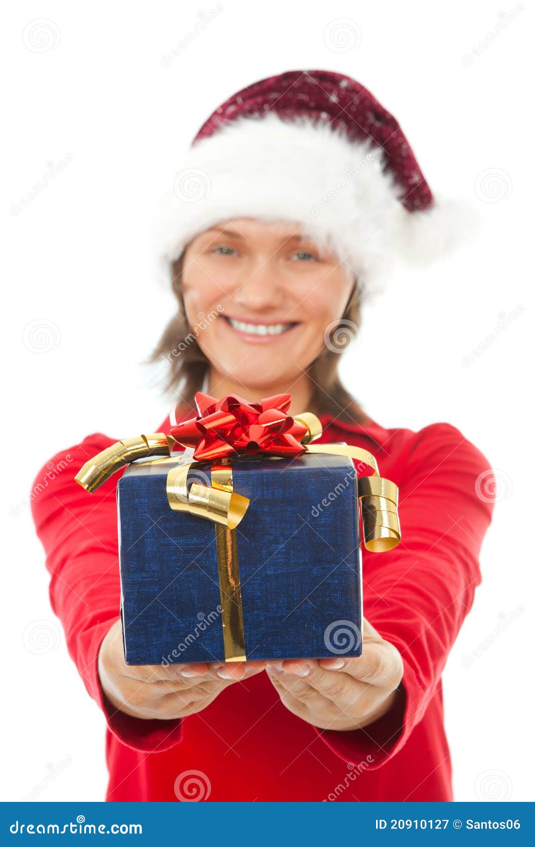Donna Con Il Cappello Di Natale Che Tiene Un Presente ...