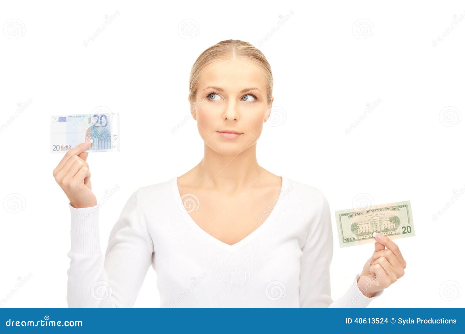 Immagine della donna con le note dei soldi del dollaro e dell'euro