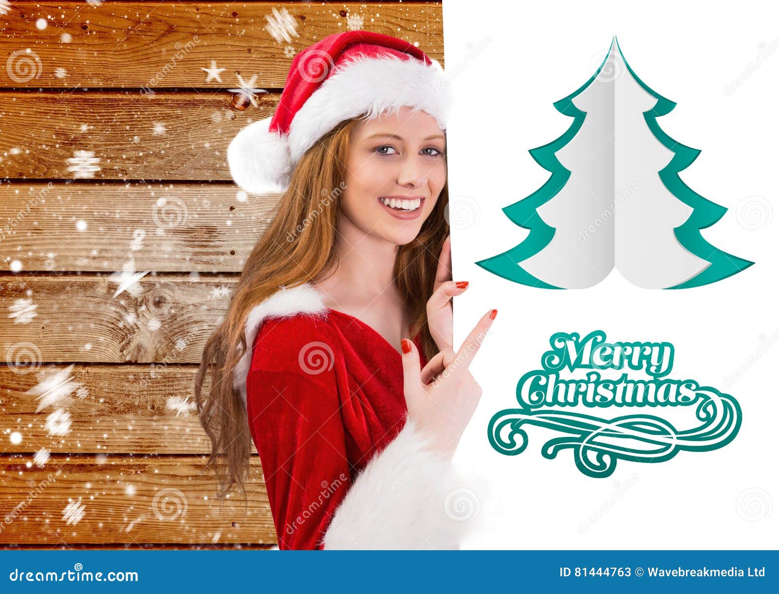 Buon Natale Donne.Donna In Costume Di Santa Che Indica Al Cartello Che Desidera Il Buon Natale Immagine Stock Immagine Di Tenuta Generato 81444763