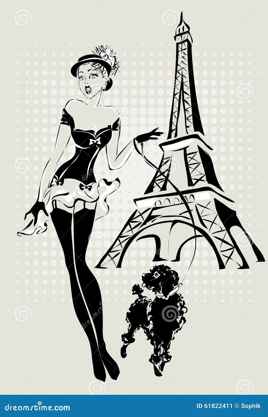 Donna di modo dell'illustrazione vicino alla torre Eiffel con il piccolo cane. Donna in bianco e nero di modo dell'illustrazione di Pop art vicino alla torre Eiffel con il piccolo cane, modello disegnato a mano di pin-up del fondo dell'illustrazione
