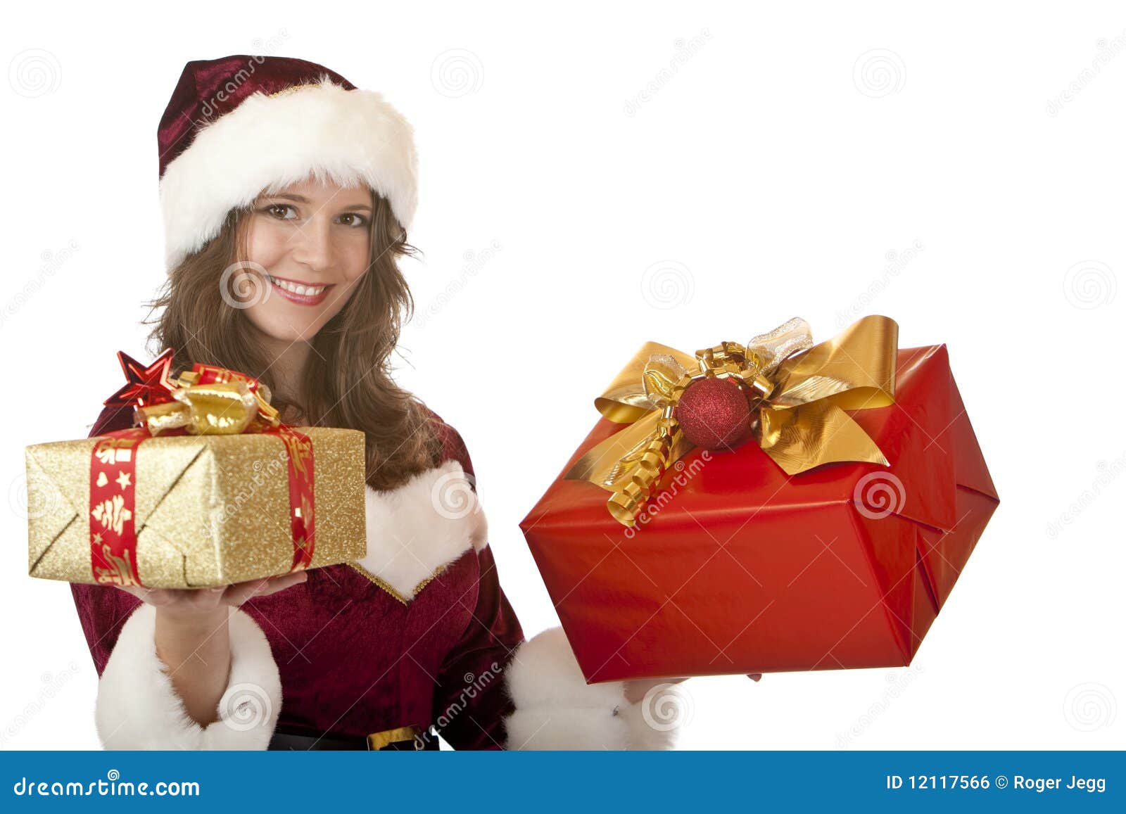 Regali Di Natale Da Donna.Donna Felice Del Babbo Natale Con I Regali Di Natale Fotografia Stock Immagine Di Mano Cappello 12117566