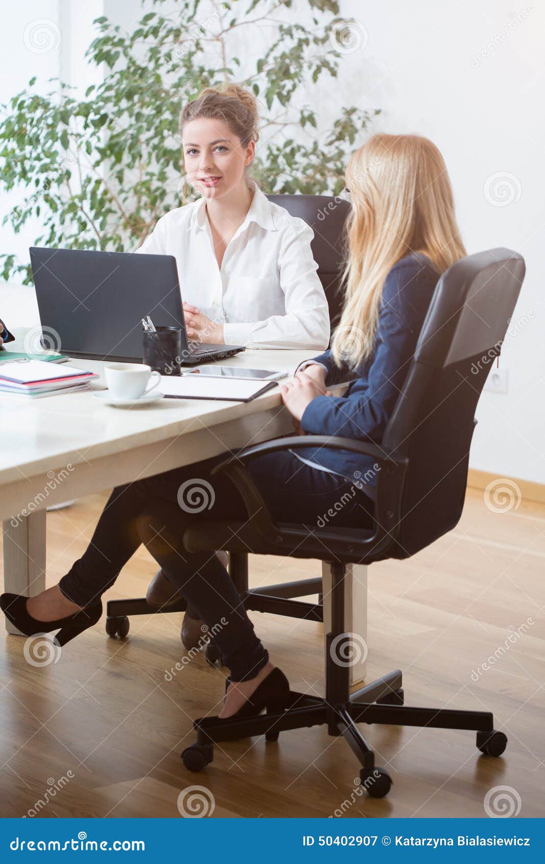 Donne nell'ufficio. Due giovani donne attraenti che si siedono nell'ufficio