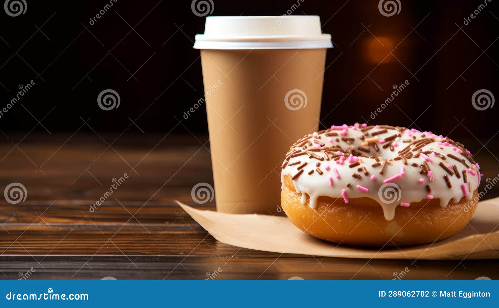 A Delicious Donut and a Steaming Cup of Coffee on a Table Stock