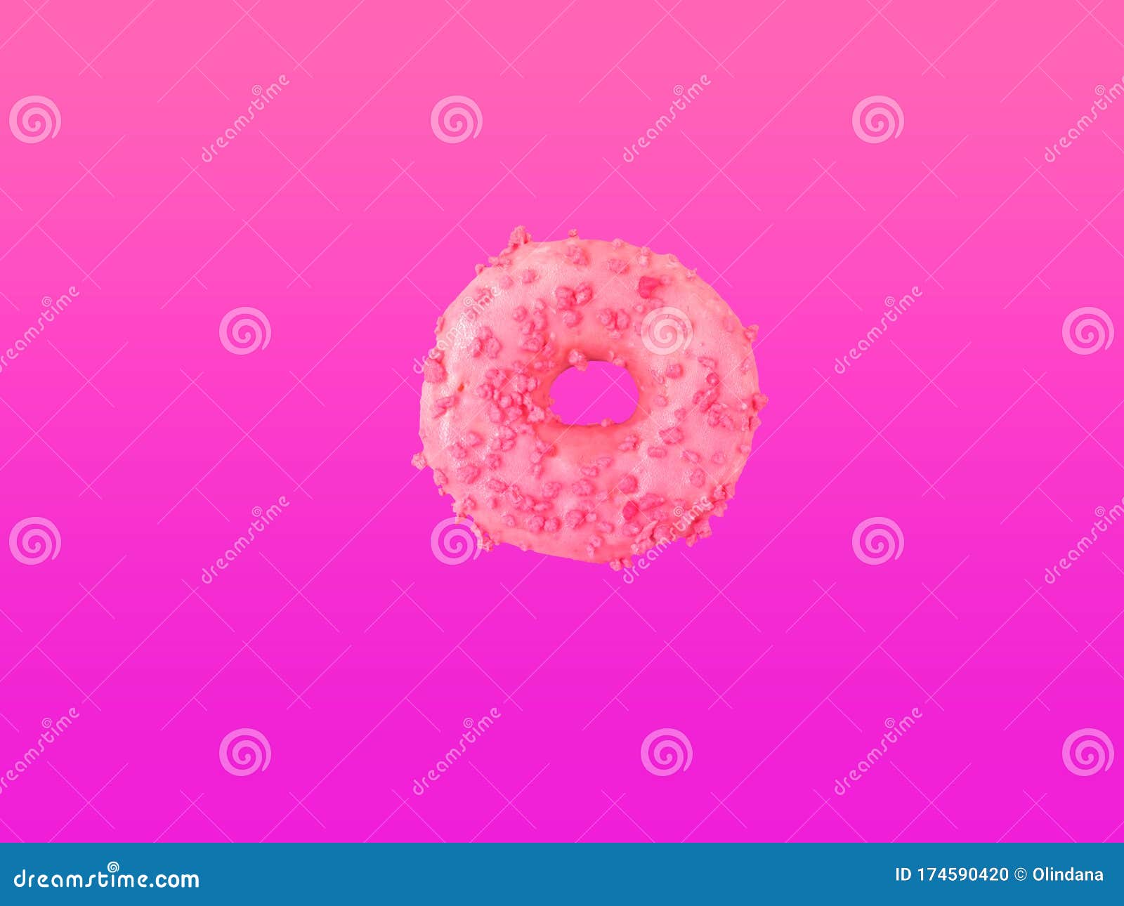 donut glazed with pink strawberry icing sugar sprinkles floating in air on gradient neon purple violet background. creative food