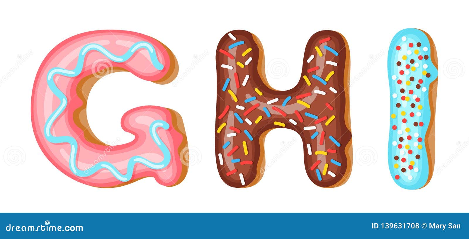 donut icing upper latters - g, h, i. font of donuts. bakery sweet alphabet. donut alphabet latters a b c  on