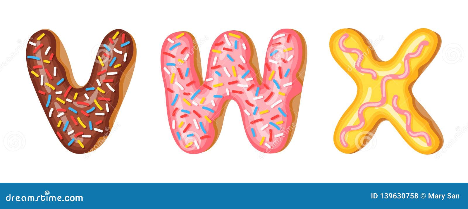 donut icing upper latters - v, w, x. font of donuts. bakery sweet alphabet. donut alphabet latters a b c  on