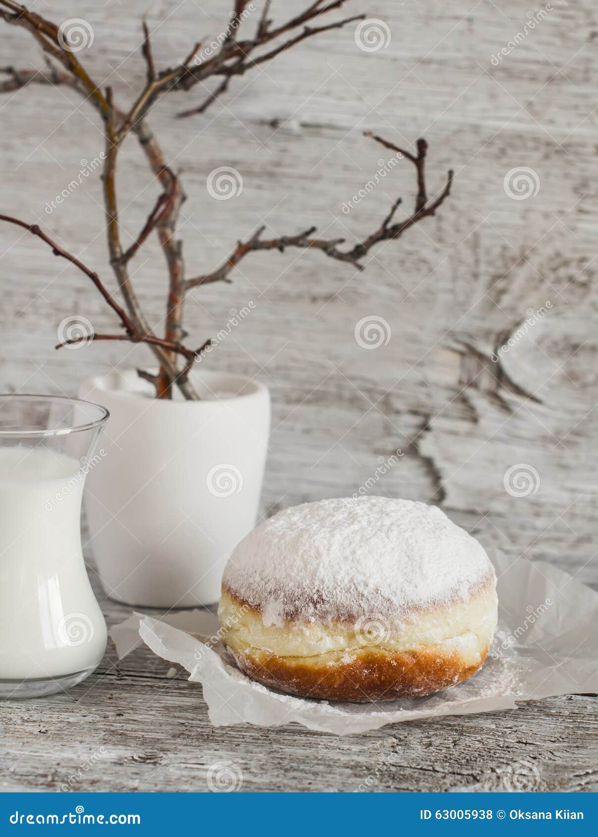 Donut with Powdered Sugar and Cup of Milk Stock Photo Image of life