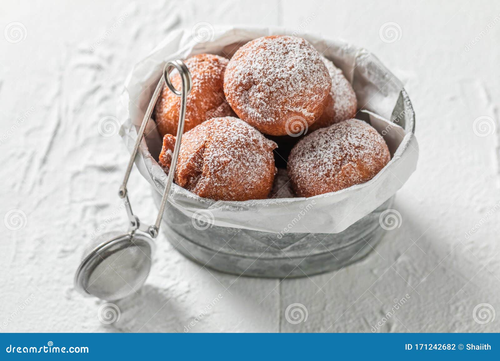 Donuts Balls with Powdered Sugar on White Table Stock Photo Image of