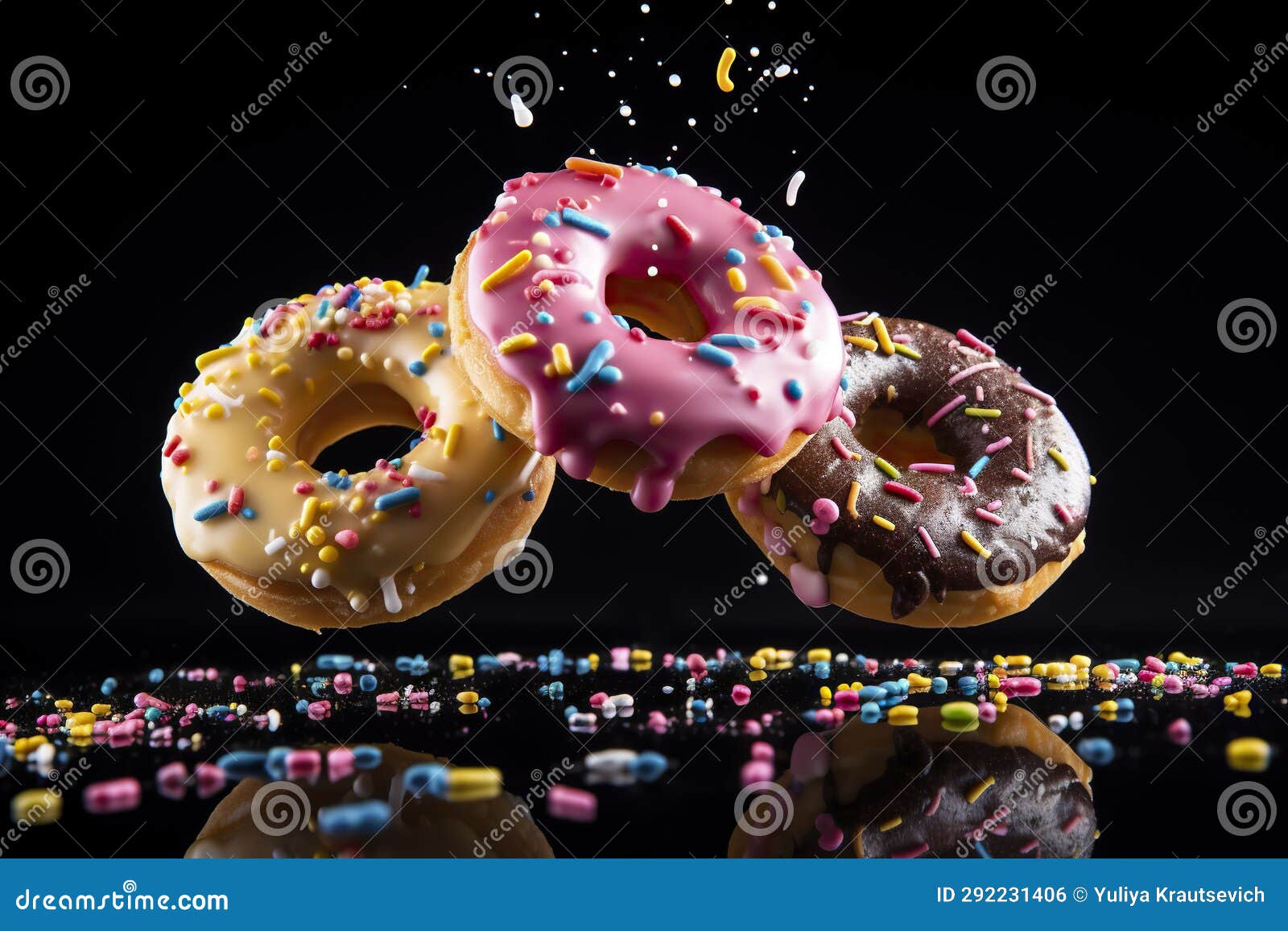Donuts on black background stock illustration. Illustration of splash