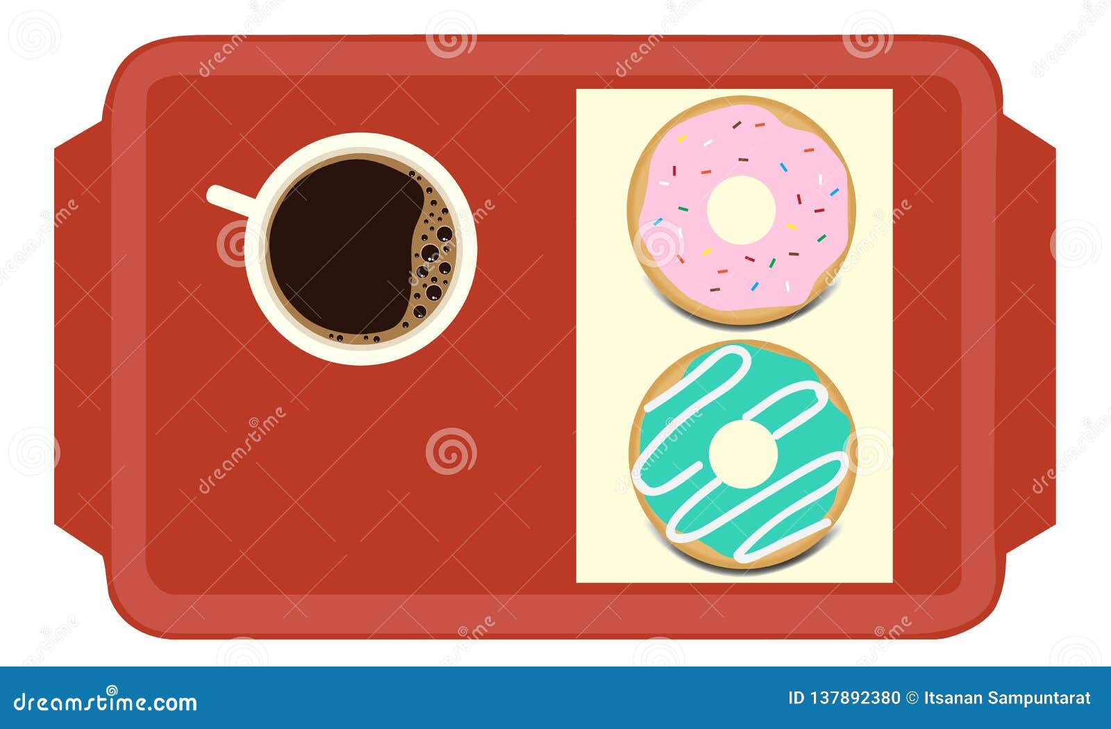 Donuts en een kop van koffie in dienblad. Verglaasd donuts en een kop van koffie in rood dienblad vectorpictogram