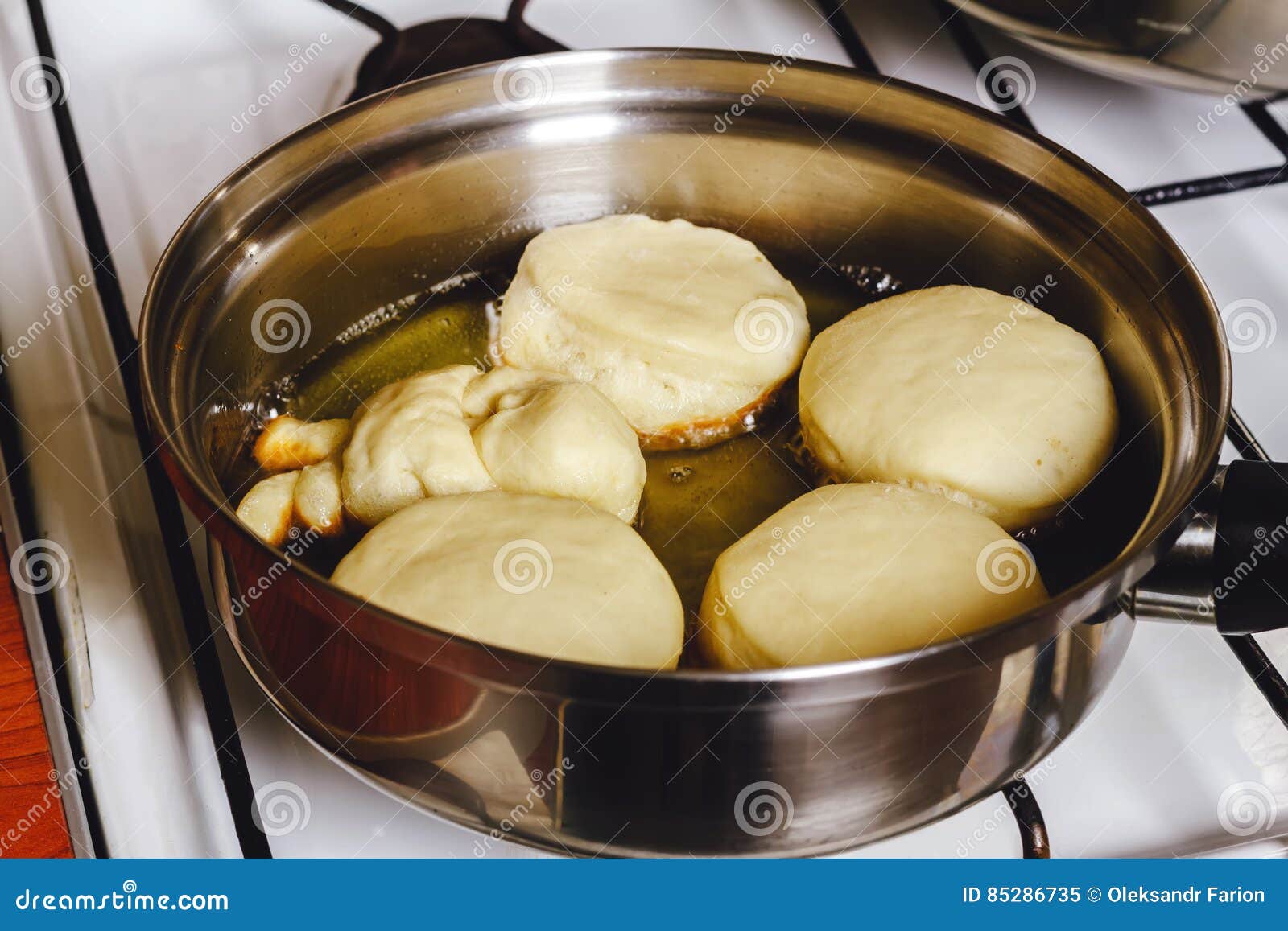 Donuts Frying in Deep Stainless Steel Pan. Stock Image Image of meal